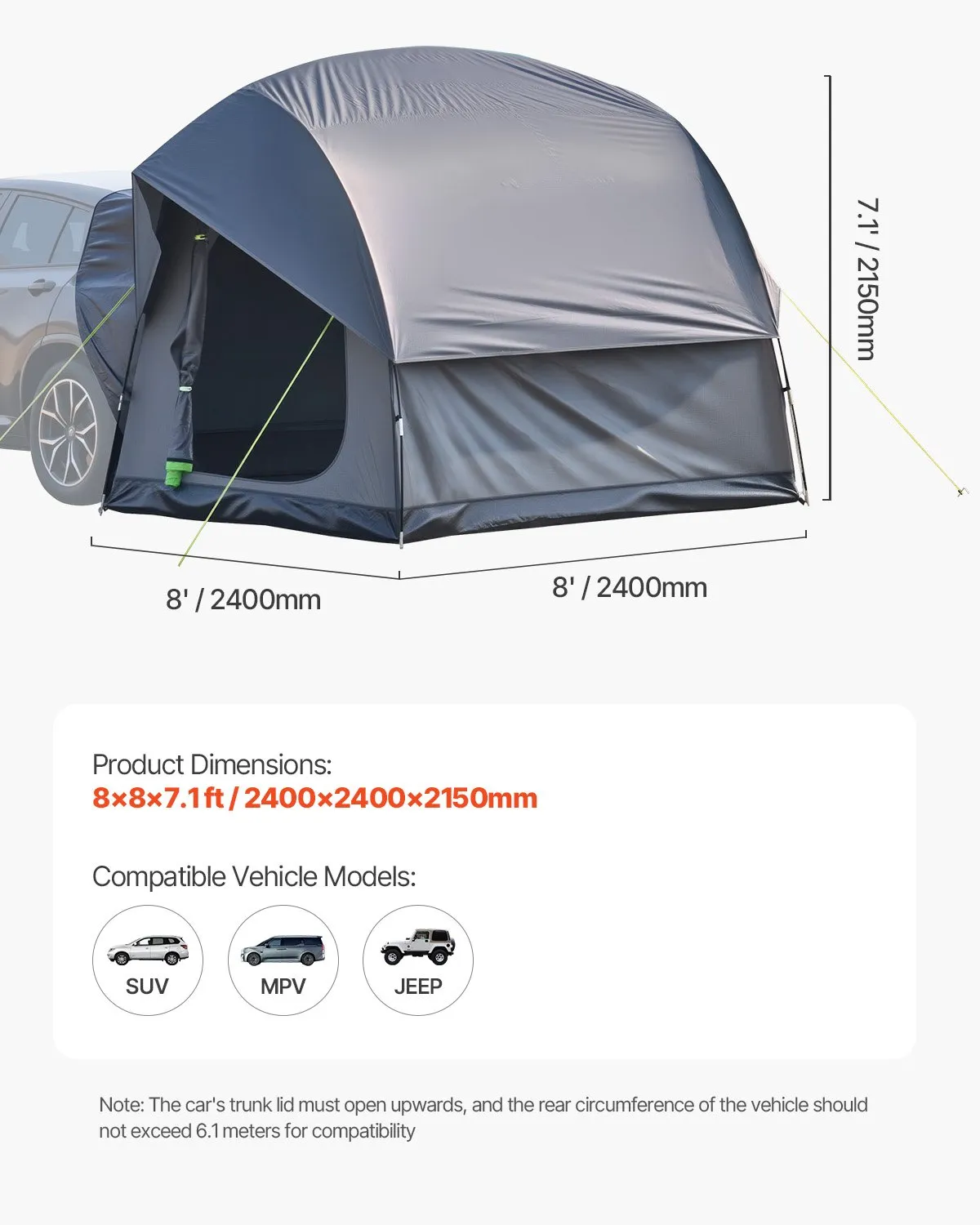 VEVOR SUV Tent for Camping, 8FT L x 8FT W, Waterproof PU2000mm Spacious Double Design,-$165
