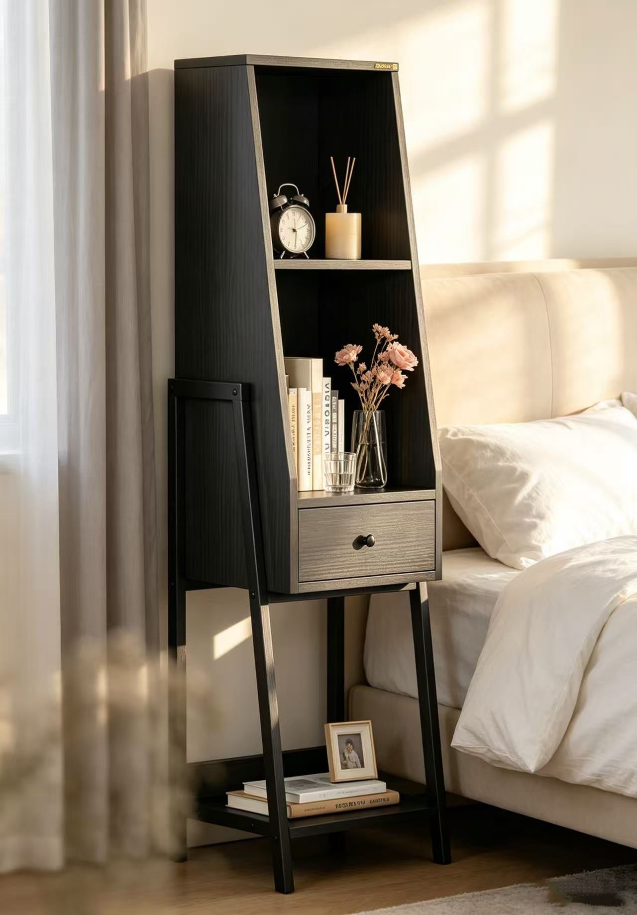 BNIB- Modern Slim 3-Tier Ladder Shelf w/1 Drawer, Freestanding Storage Shelves (Black),-$60