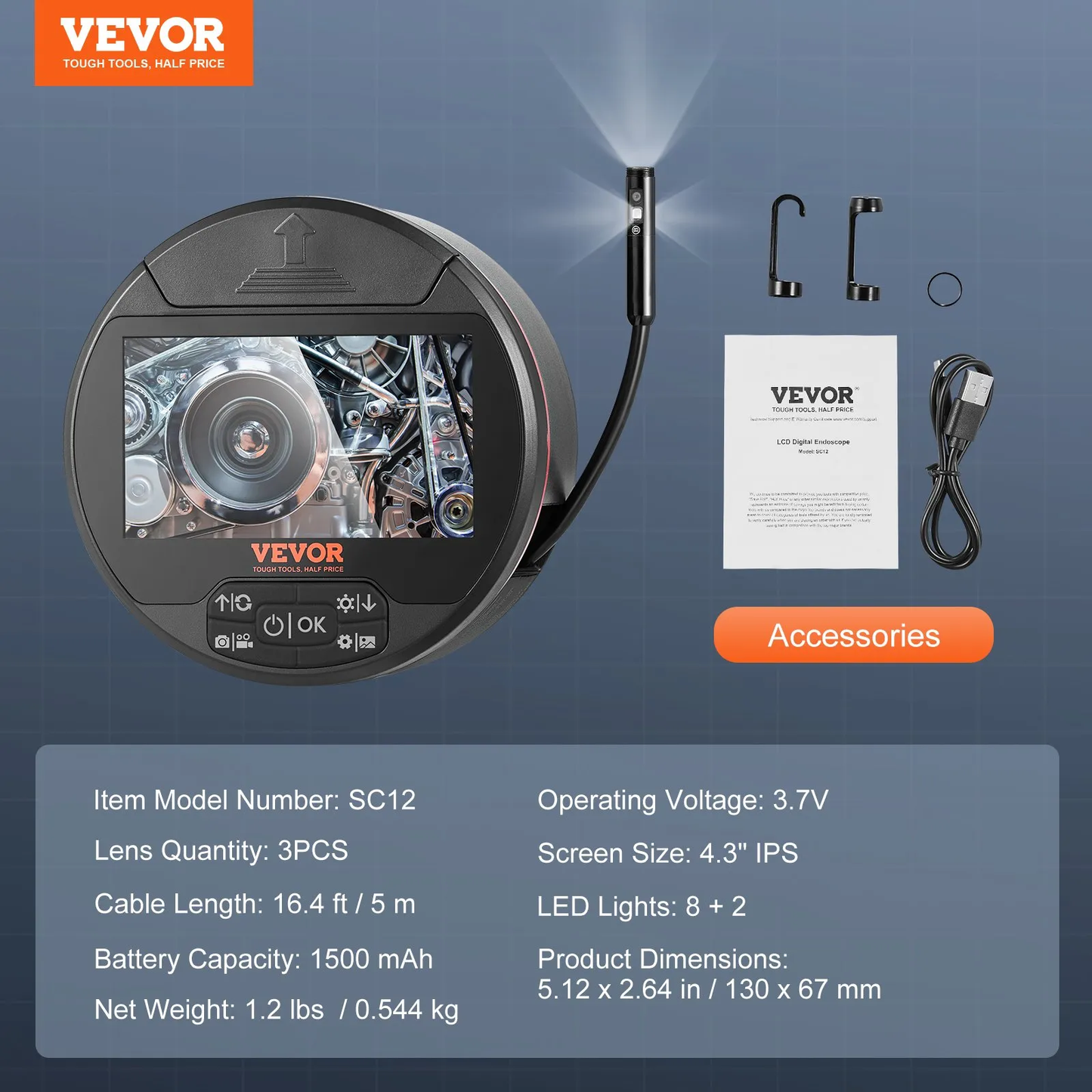 VEVOR Borescope Triple Lens Endoscope Camera, 4.3" IPS Screen Inspection Camera with 8 + 2 Lights,-$45