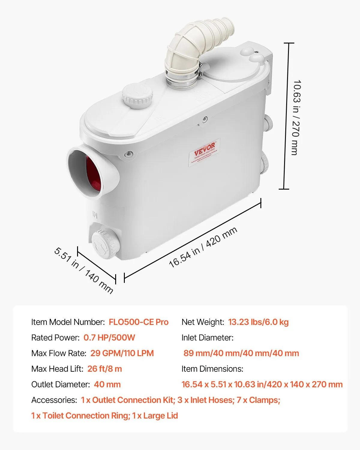 VEVOR Macerator Pump, 500W, 29 GPM Flow, 26 ft/8 m Head, Macerator Wall-Hung Toilet Pump with 4 Water,-$95