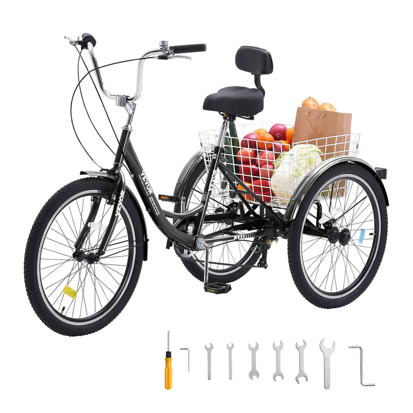 VEVOR Adult Tricycles Bike, 7 Speed Adult Trikes, 24 Inch Three-Wheeled Bicycles, Carbon Steel Cruiser Bike