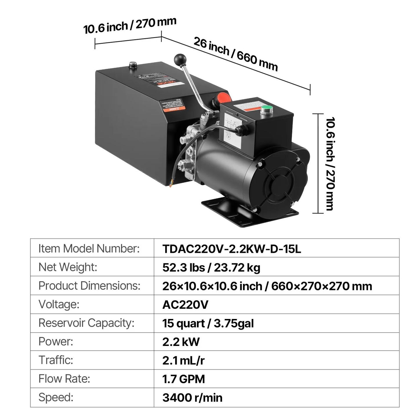 VEVOR 15 Quart Hydraulic Pump, 2.2KW Hydraulic Motor Dump Trailer Pump Single Acting,-$210