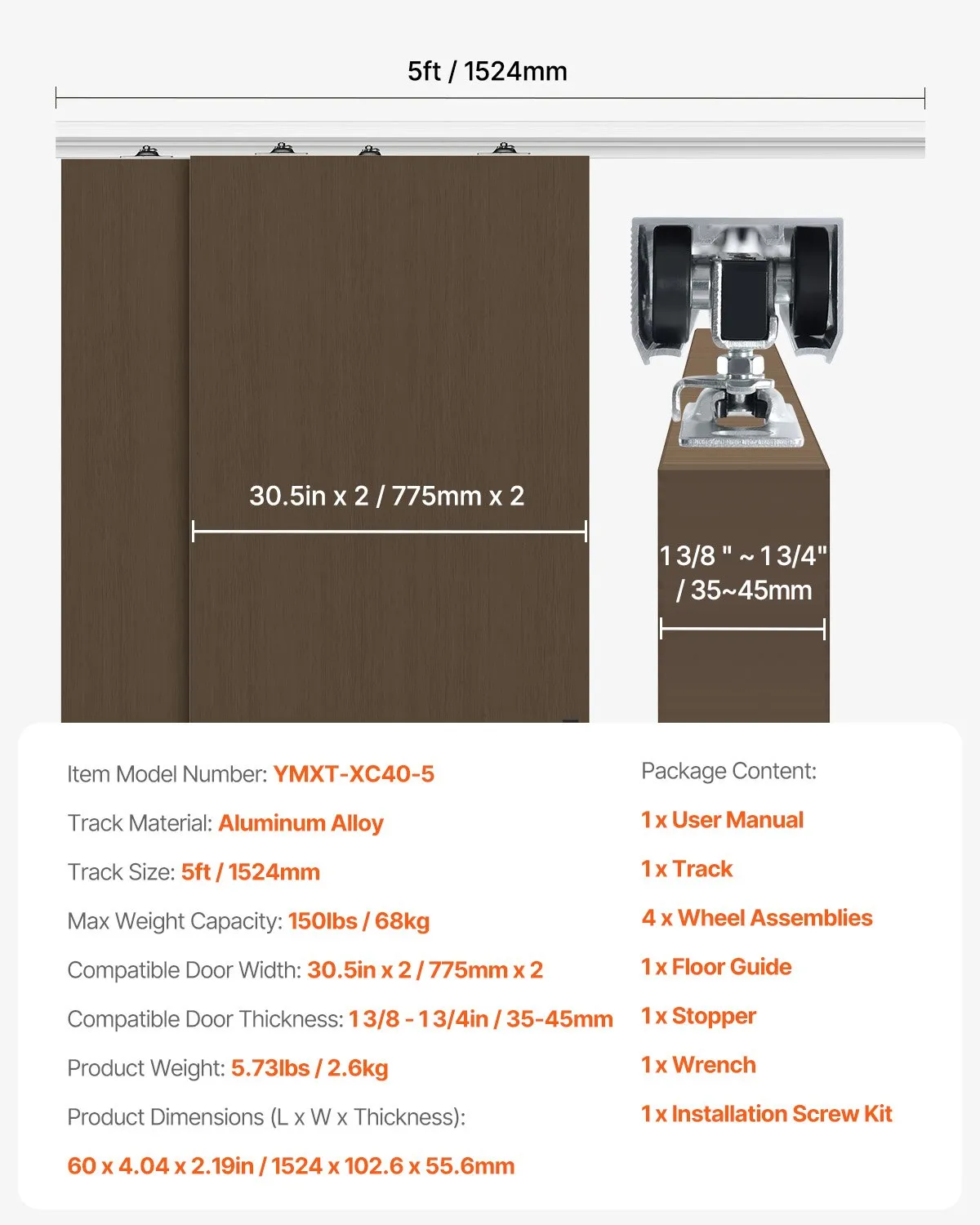 VEVOR Bypass Door Hardware, 5ft Heavy Duty Bypass Sliding Door Hardware Kit, Aluminum Alloy Sliding,-$50