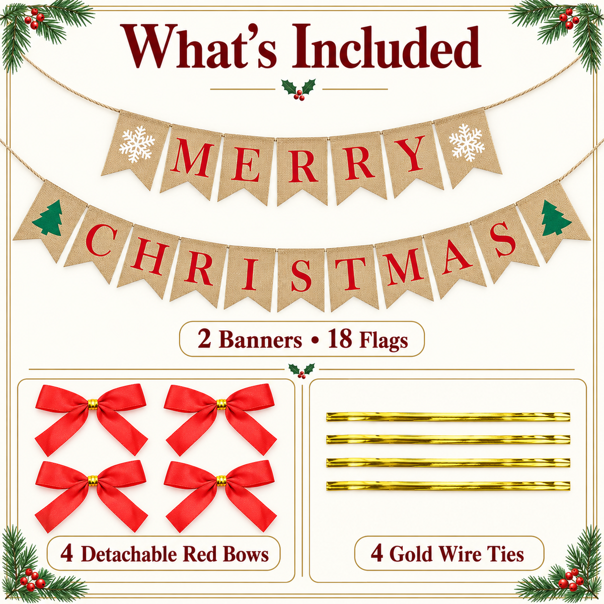 Brand New Merry Christmas Burlap Banner Set with 4 Red Bows,-$5