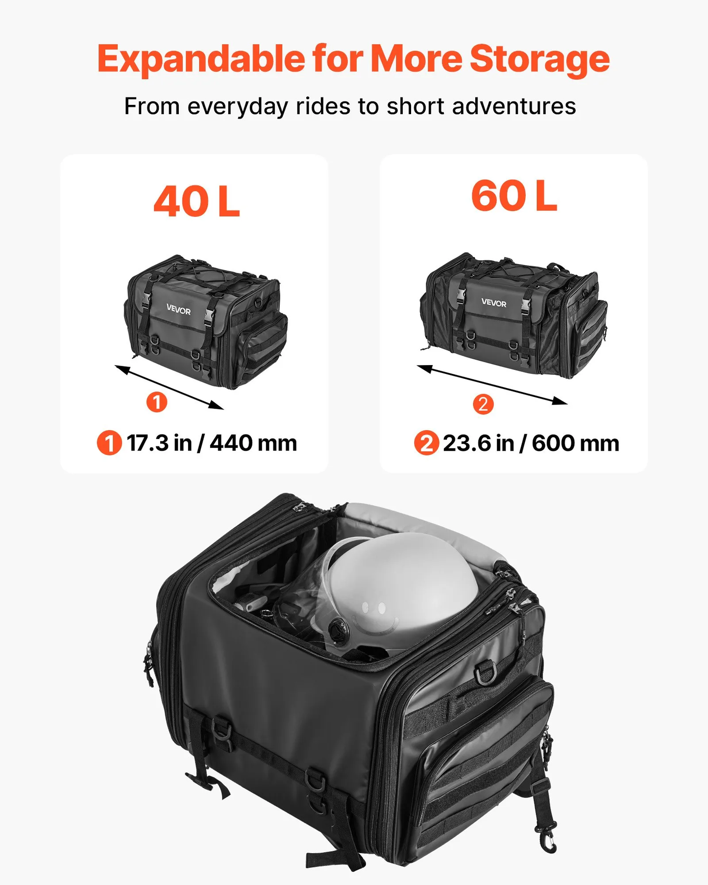 VEVOR Motorcycle Tail Bag, 40-60 L Expandable Motorcycle Rear Seat Bag w/ Waterproof Cover,-$55