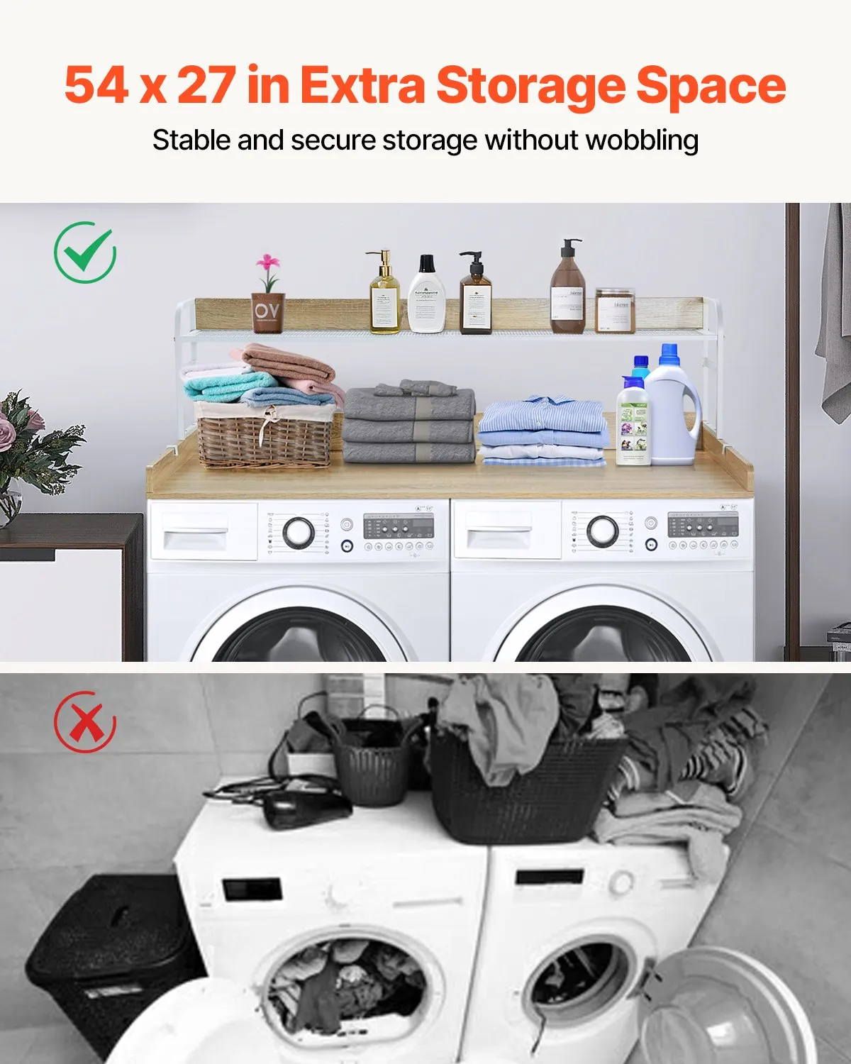 VEVOR Washer Dryer Countertop with 2-Tier Shelf, 54" x 27" Wooden Washer and Dryer Countertop