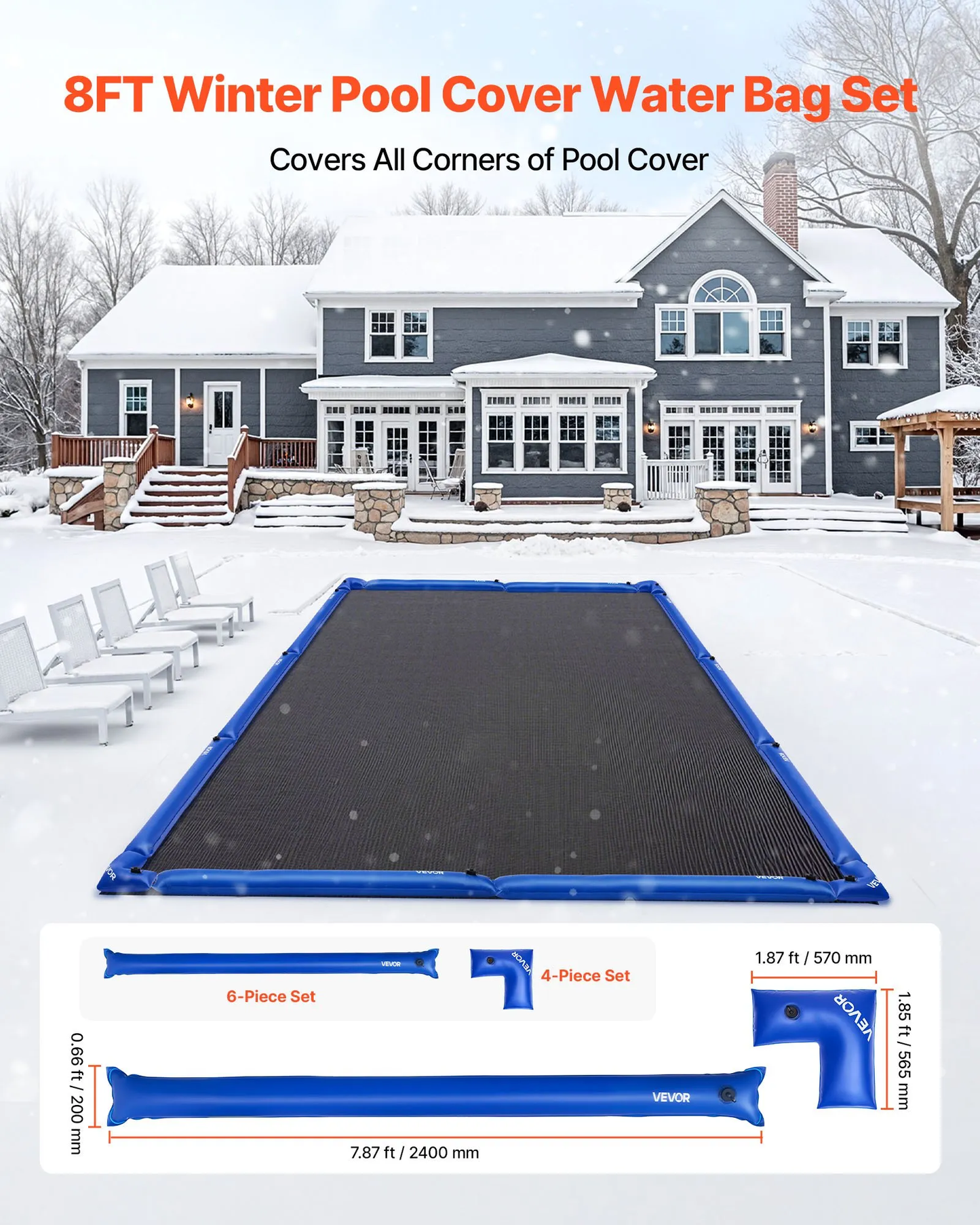 VEVOR Pool Cover Water Bags Set, 6 Packs 8 Ft Single Chamber Pool Cover Water Bags & 4 Corner Tubes,-$35