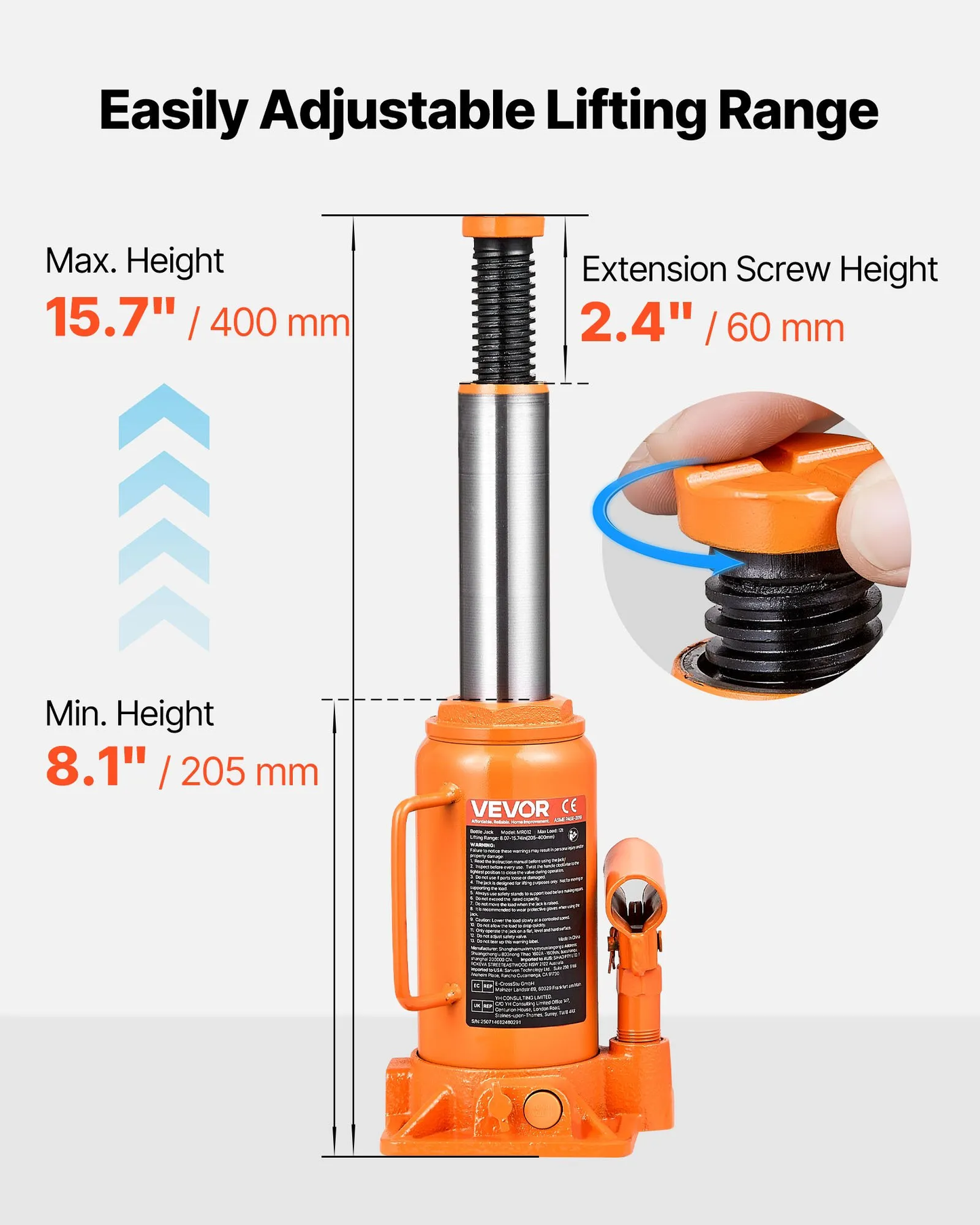 VEVOR Hydraulic Bottle Jack, 12 Ton (26455.5 lbs) Capacity, 8.1-15.7 Inch Lifting Range, Heavy Duty,-$35