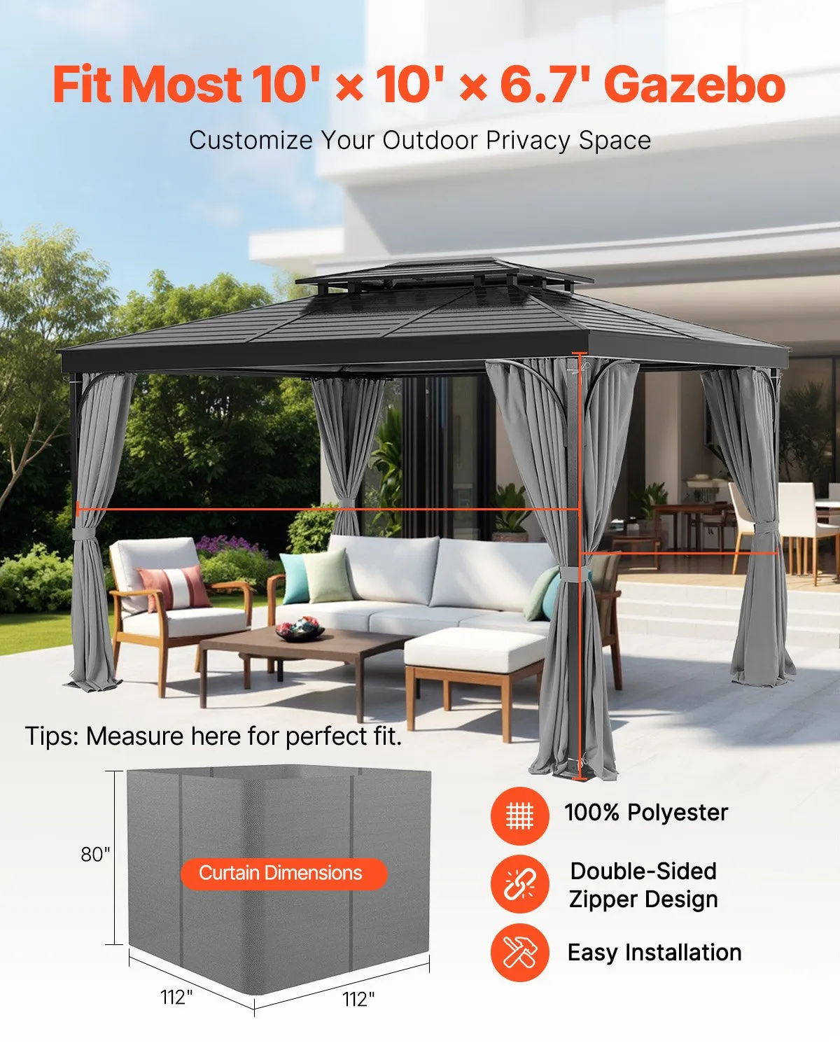 VEVOR Gazebo Curtains Outdoor, Fit Most 10' x 10' x 6.7' Gazebos, 4-Panel Sidewall ,-$40