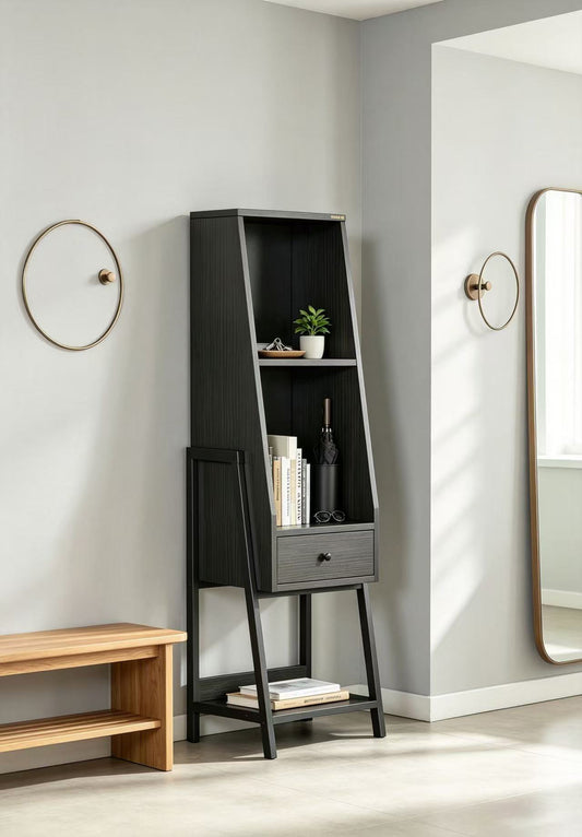 BNIB- Modern Slim 3-Tier Ladder Shelf w/1 Drawer, Freestanding Storage Shelves (Black),-$60