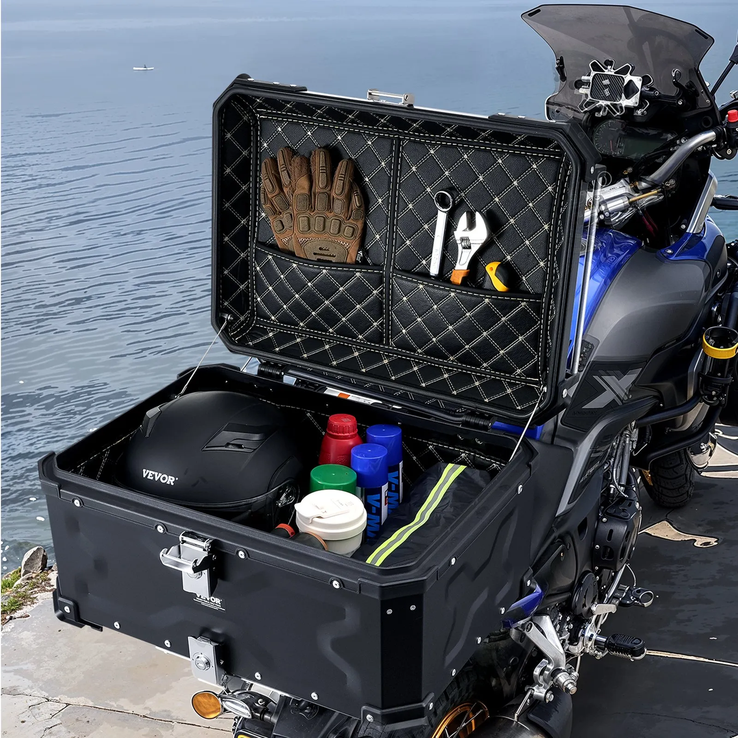 VEVOR Motorcycle Top Case, Universal Aluminum Alloy Motorbike Tail Box with Leather Lining,-$120