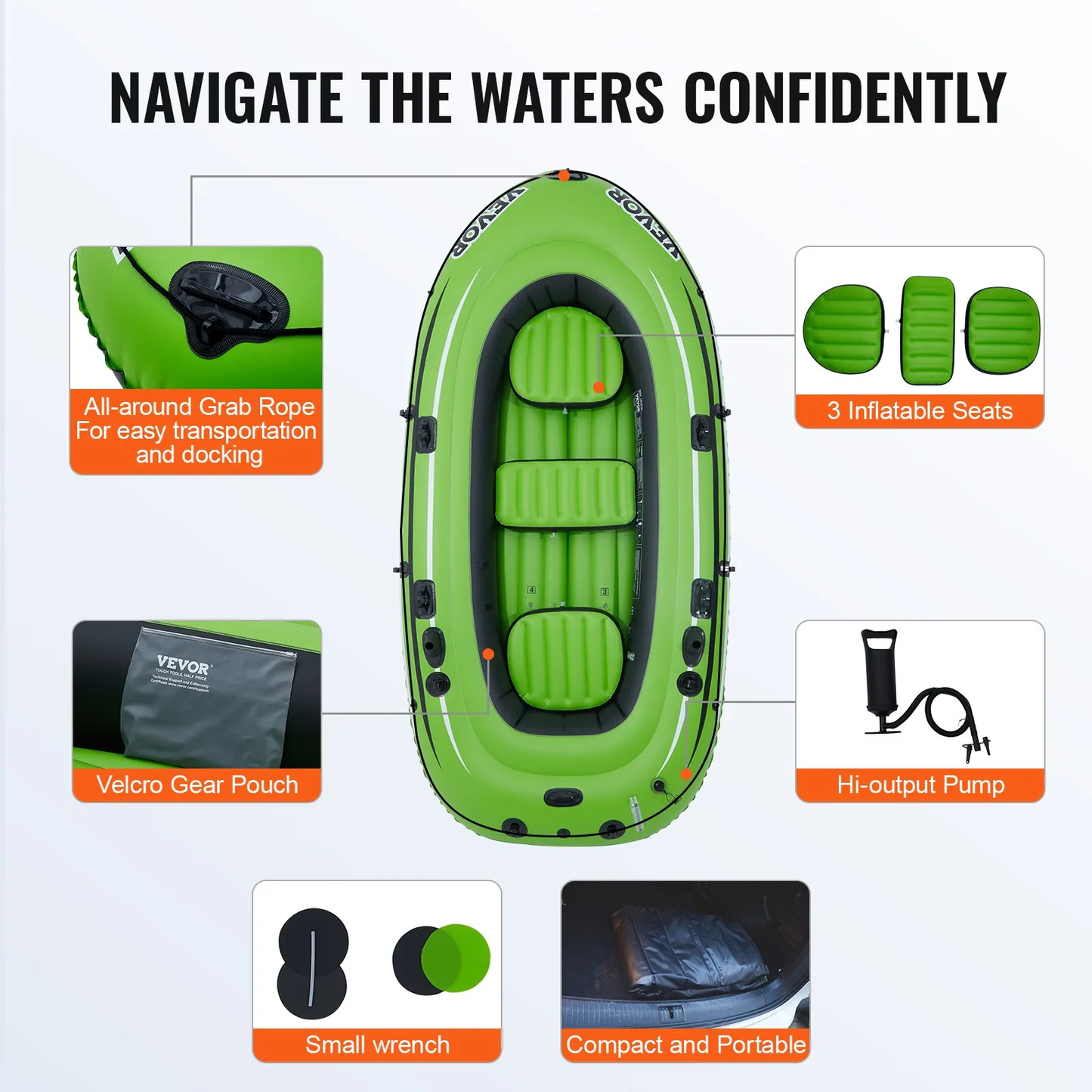 VEVOR Inflatable Boat, 3-Person Inflatable Fishing Boat, Strong PVC Portable Boat Raft Kayak,-$100