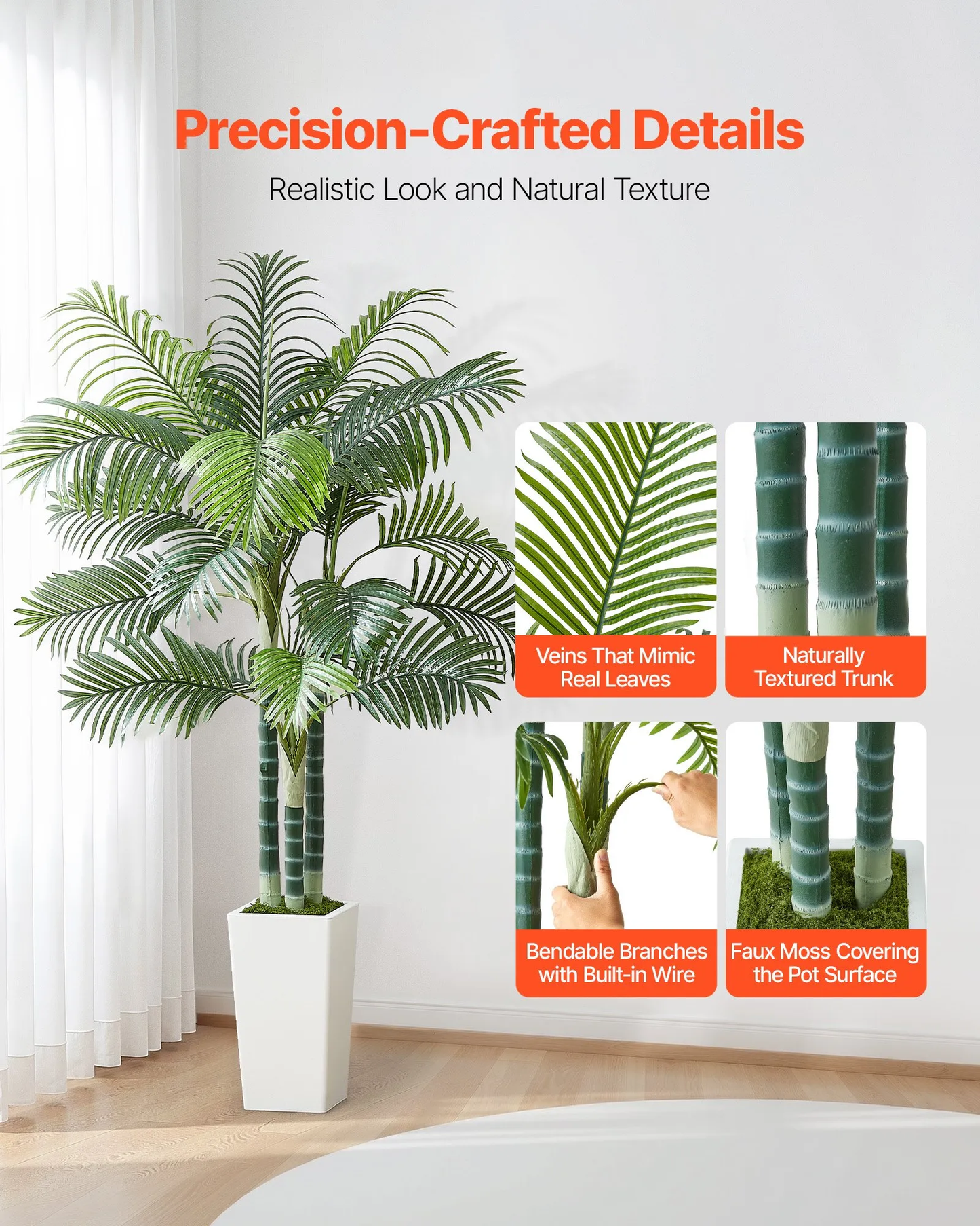 VEVOR Artificial Areca Palm Tree 6 ft, Fake Palm Tropical Plants with White Tall Planter, Faux Floor Silk,-$55
