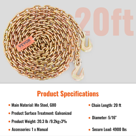VEVOR Transport Binder Chain, 4900 lbs Working Load Limit, 5/16'' x 20' G80 Tow Chain Tie Down,-$35