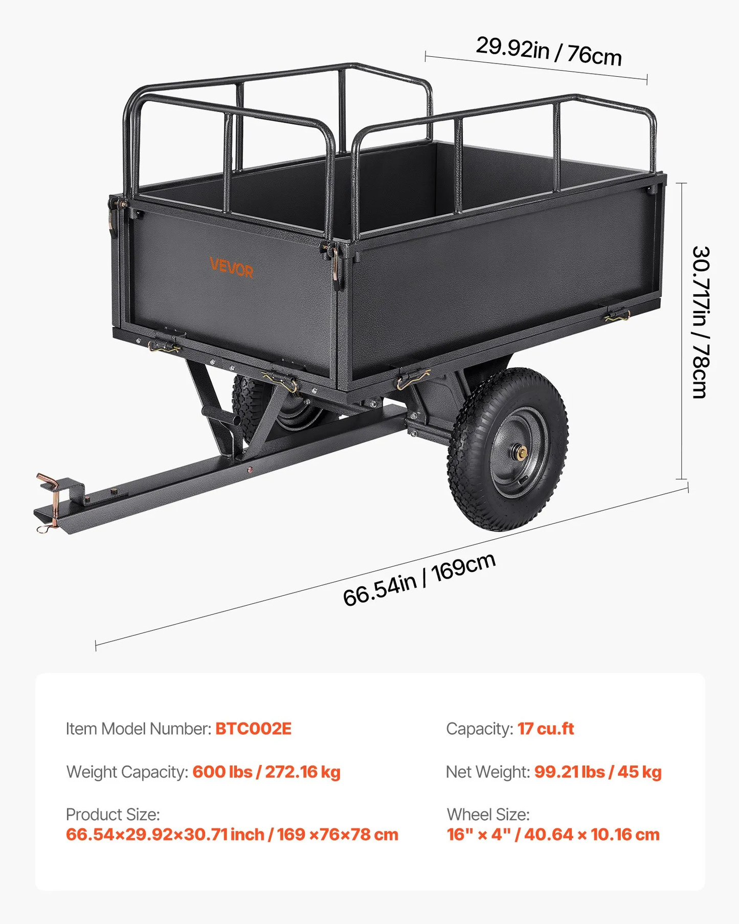 VEVOR Garden Utility Trailer, 17 Cu. Ft & 600lbs Capacity, ATV UTV Hauling Trailer,  with 16" Tires,-$200