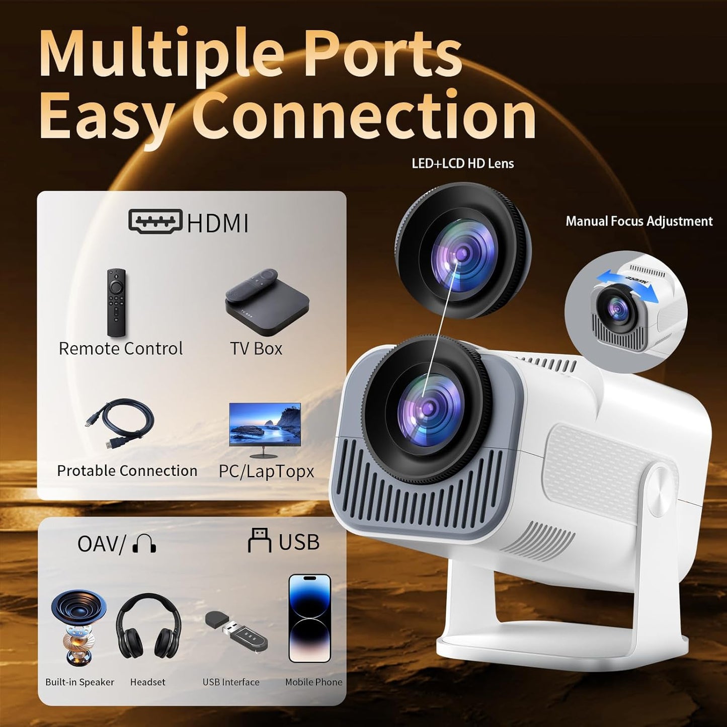 BNIB-[Built-in App] Mini Projector 1080P Full HD, 4K Projector with 180° Rotation, Portable Projector