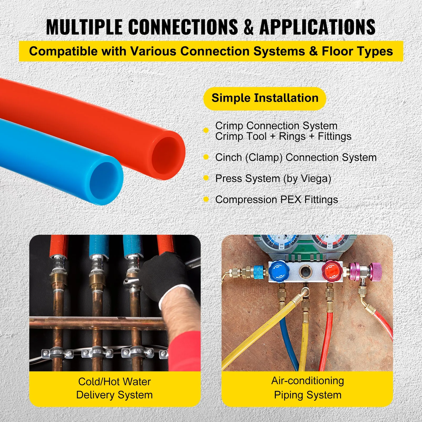 VEVOR 2 Rolls of 1/2" x 100ft, Non-Oxygen Barrier Flexible Pipe Tubing, Red&Blue for Hydronic Radiant Heat ,-$75
