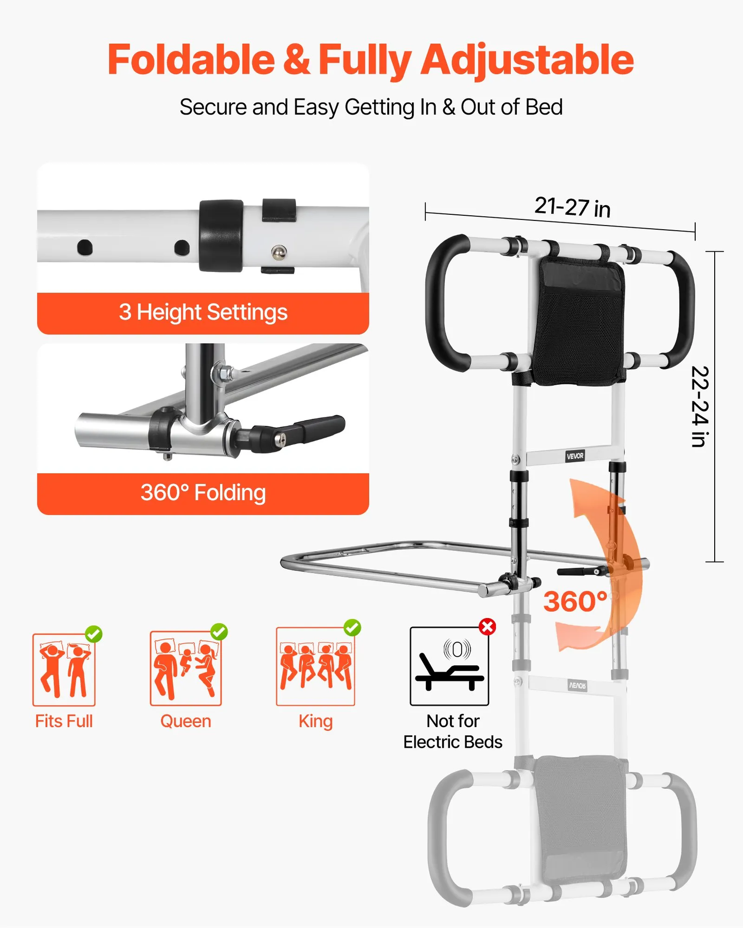 VEVOR Foldable Extendable Bed Assist Rail with Side PU Handles, Height Adjustable Carbon Steel,-$35