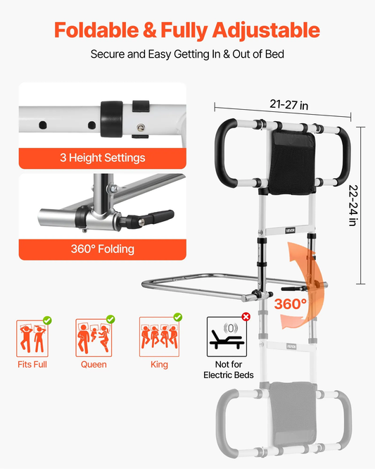 VEVOR Foldable Extendable Bed Assist Rail with Side PU Handles, Height Adjustable Carbon Steel,-$35