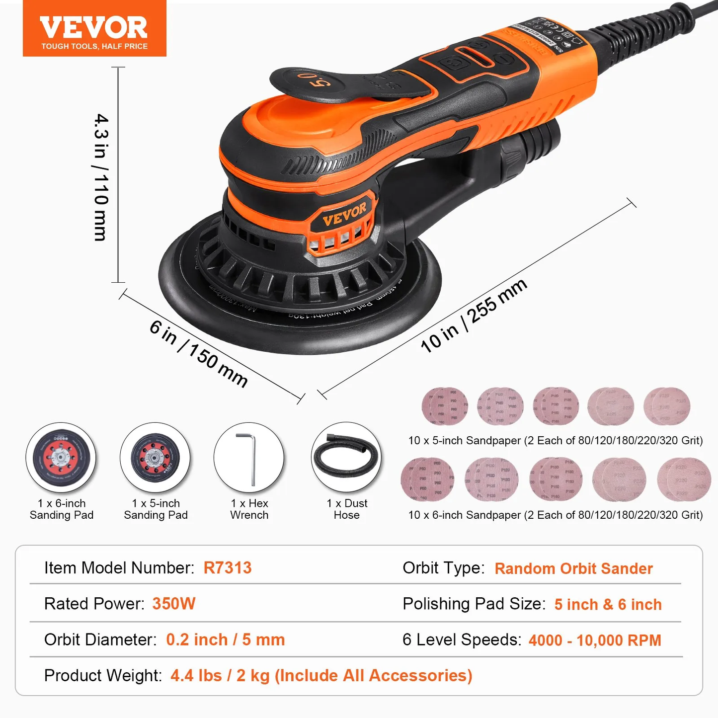 VEVOR Random Orbital Sander 5 & 6-Inch, 350W Brushless Orbital Sander, 10,000 PRM 6 Variable,-$130