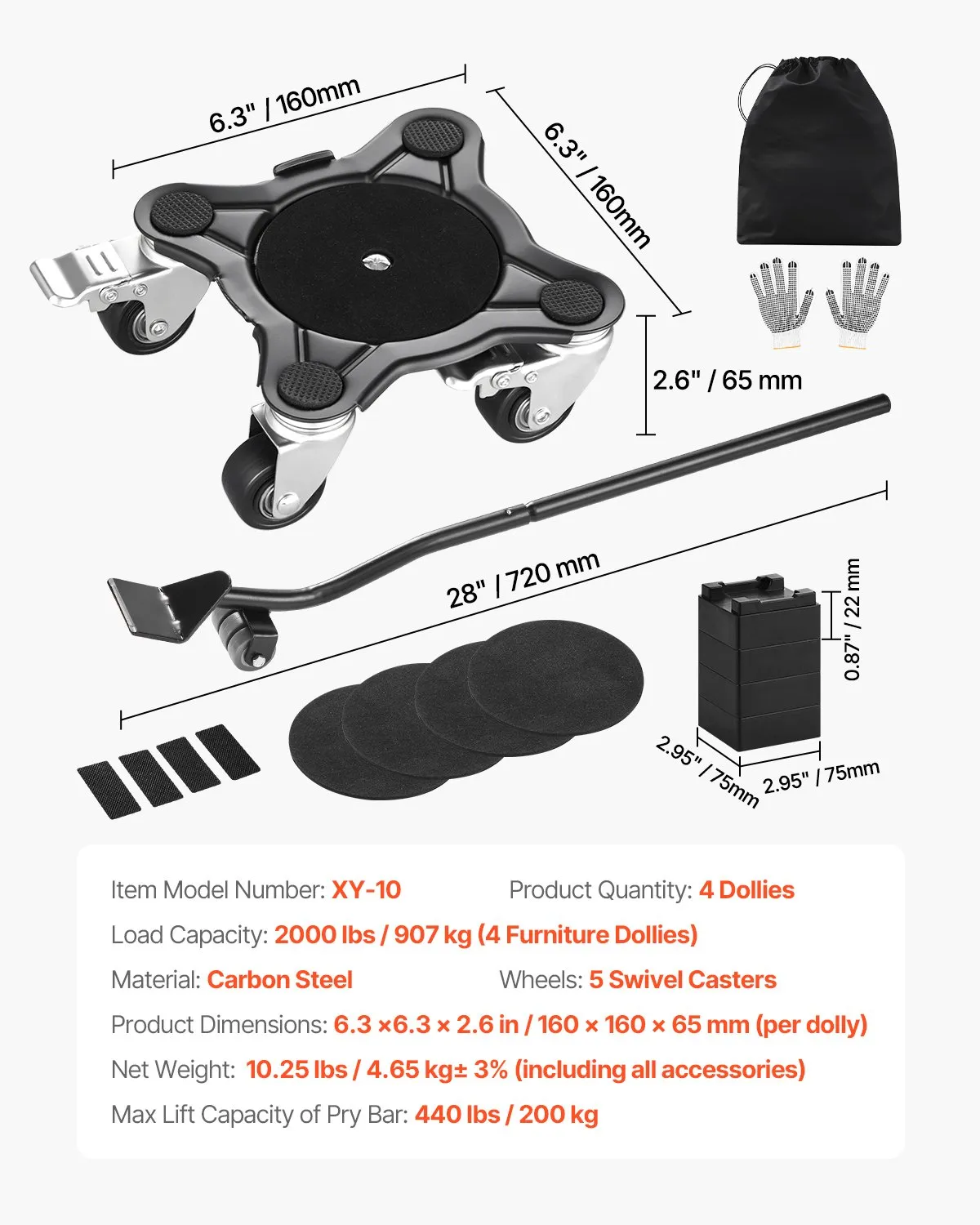 VEVOR Furniture Dolly, Maximum Load 1200 lbs, Heavy Duty Furniture Movers with 5 360°,-$40