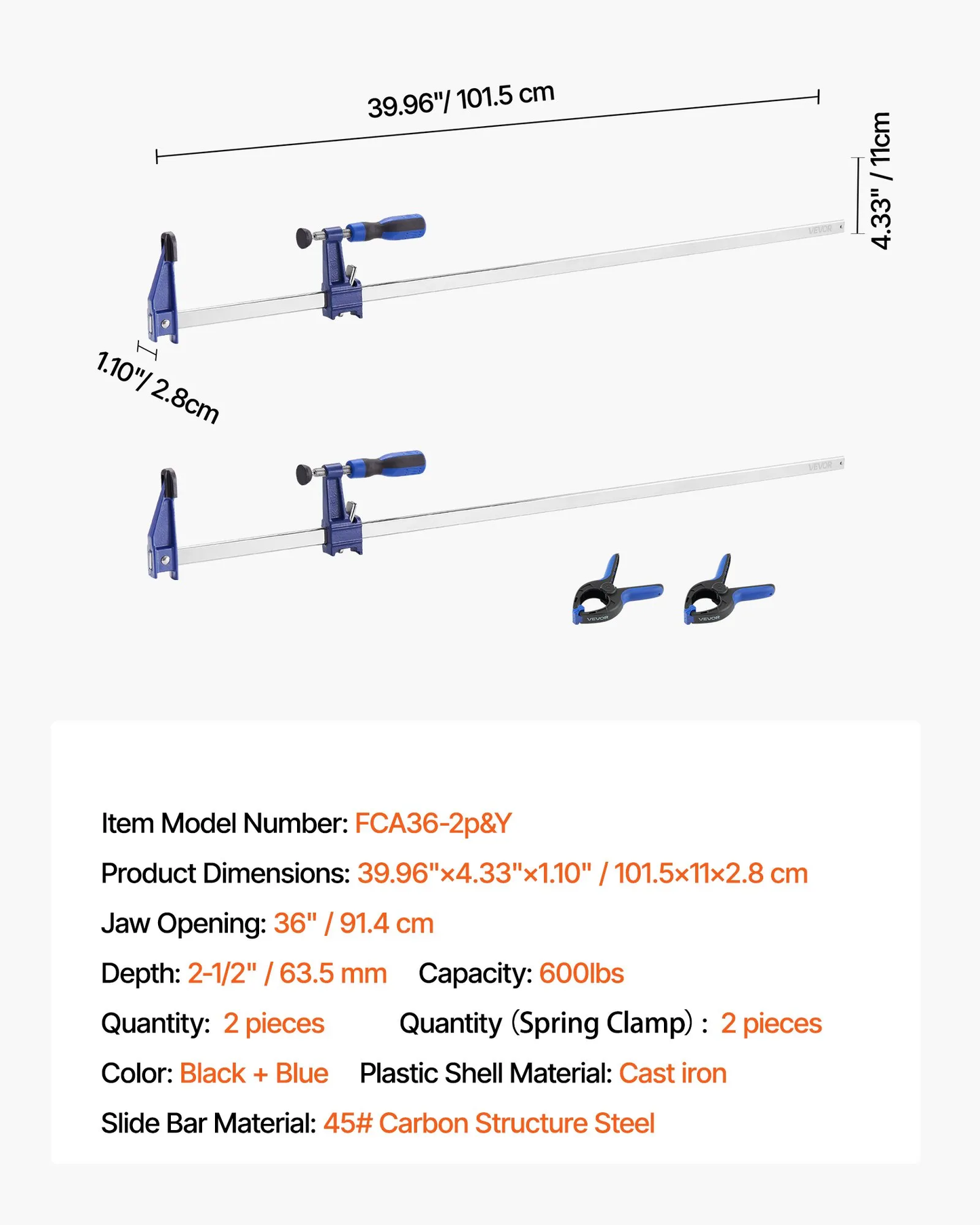 VEVOR Bar Clamps for Woodworking, 2-Pack 36 inch Opening, Lockable F-Clamp w/600 lbs,-$25