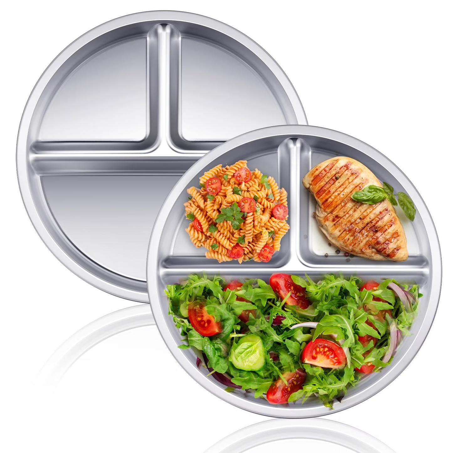 BNIB-2 Pcs Stainless Steel Portion Control Plate 3 Compartment Plate for Adults Kids Lunch Dinner,-$10