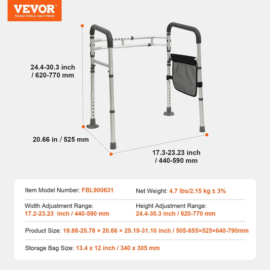 VEVOR Toilet Safety Rail, Folding Toilet Seat Frame, Adjustable Width & Height Fit Most Toilets,-$35