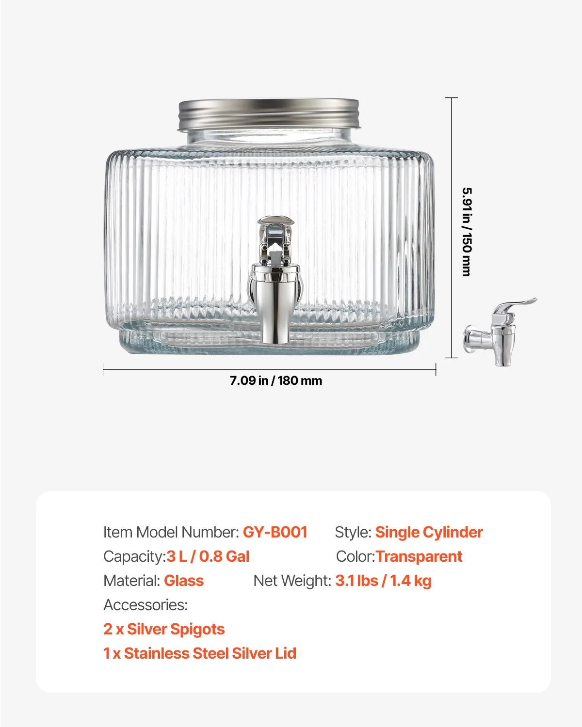 VEVOR Beverage Dispenser, 0.8 Gallon Drink for Parties, Glass Juice Dispenser with No-Drip Spigot,-$30