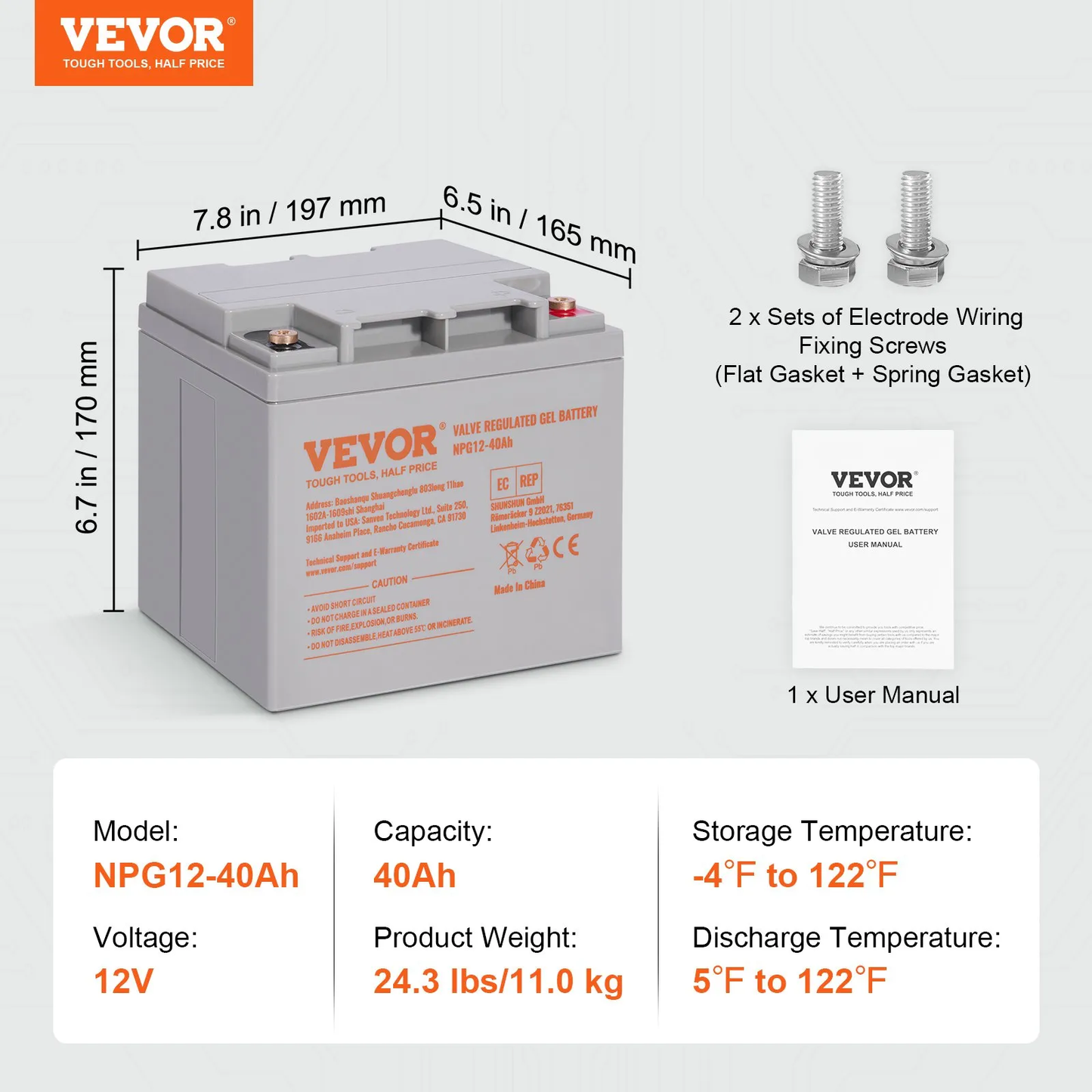 VEVOR Rechargeable AGM Marine Battery, 12V 40AH, with 400A Discharge Current,-$70