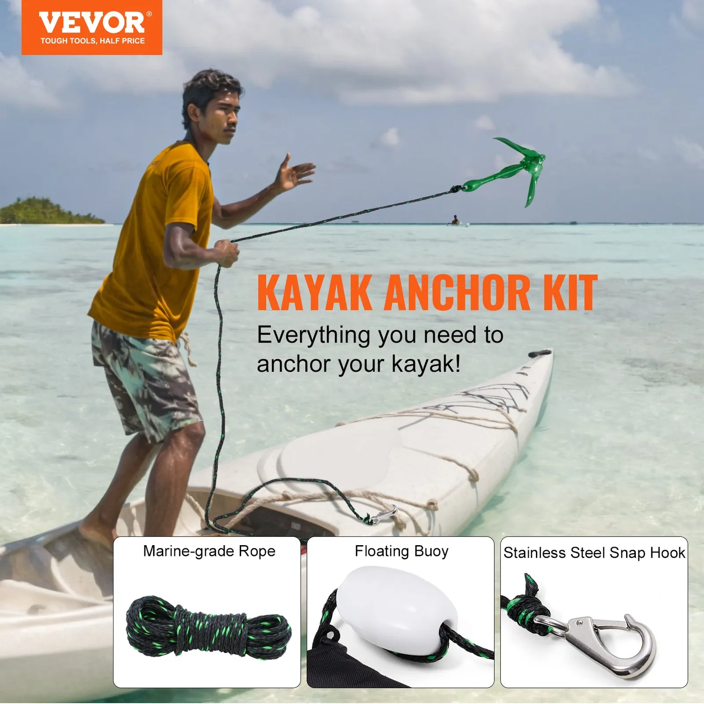 VEVOR Kayak Anchor Kit, 3.5 lb Paddle Board Anchor Kit with 26.2 ft/8 m Rope and Buoy,-$20