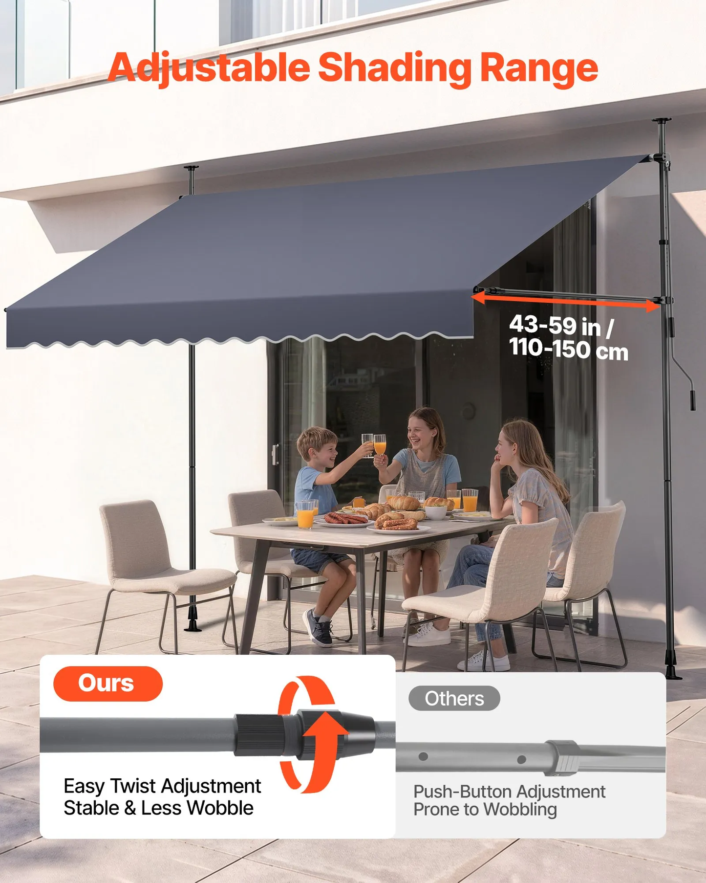 VEVOR Manual Retractable Awning, 118" Outdoor Retractable Patio Awning Sunshade Shelter,-$70