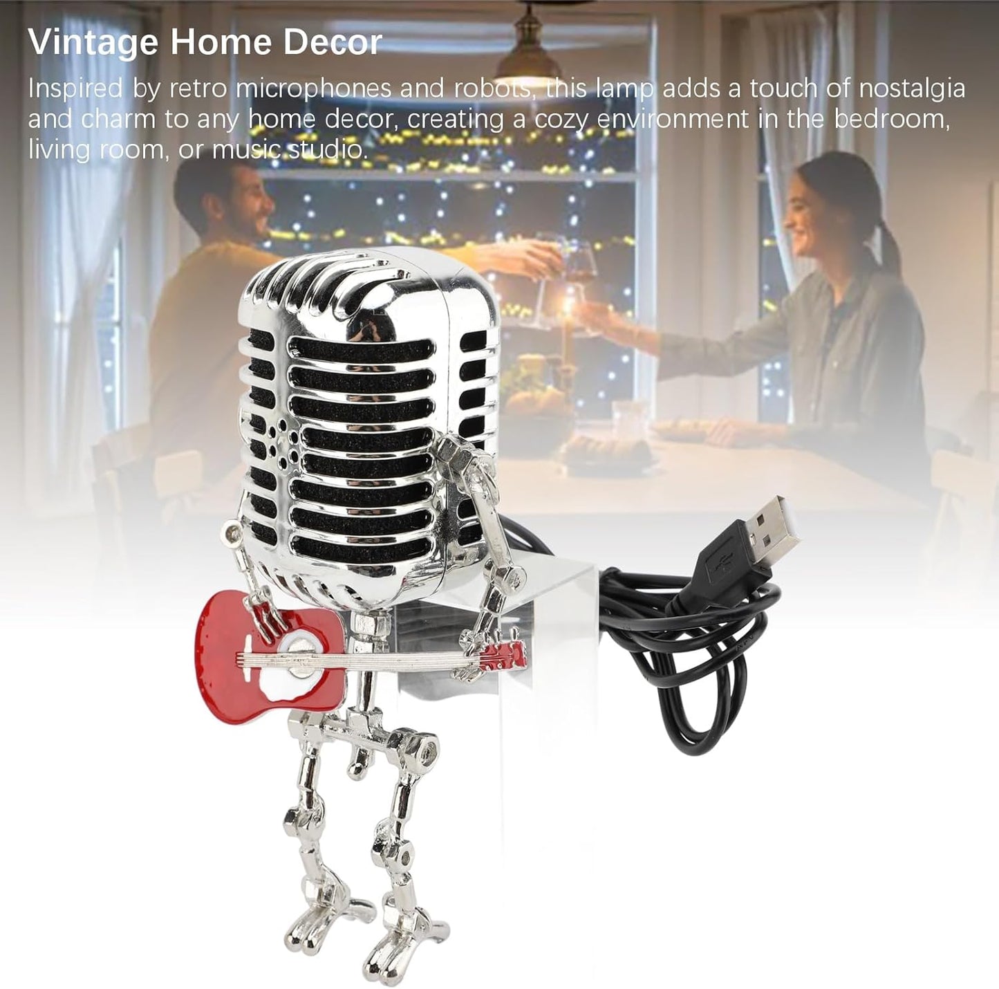 BNIB-Vintage Microphone Guitar Robot Lamp, Retro Metal Night Light for Bedroom Desk, USB Powered,-$10