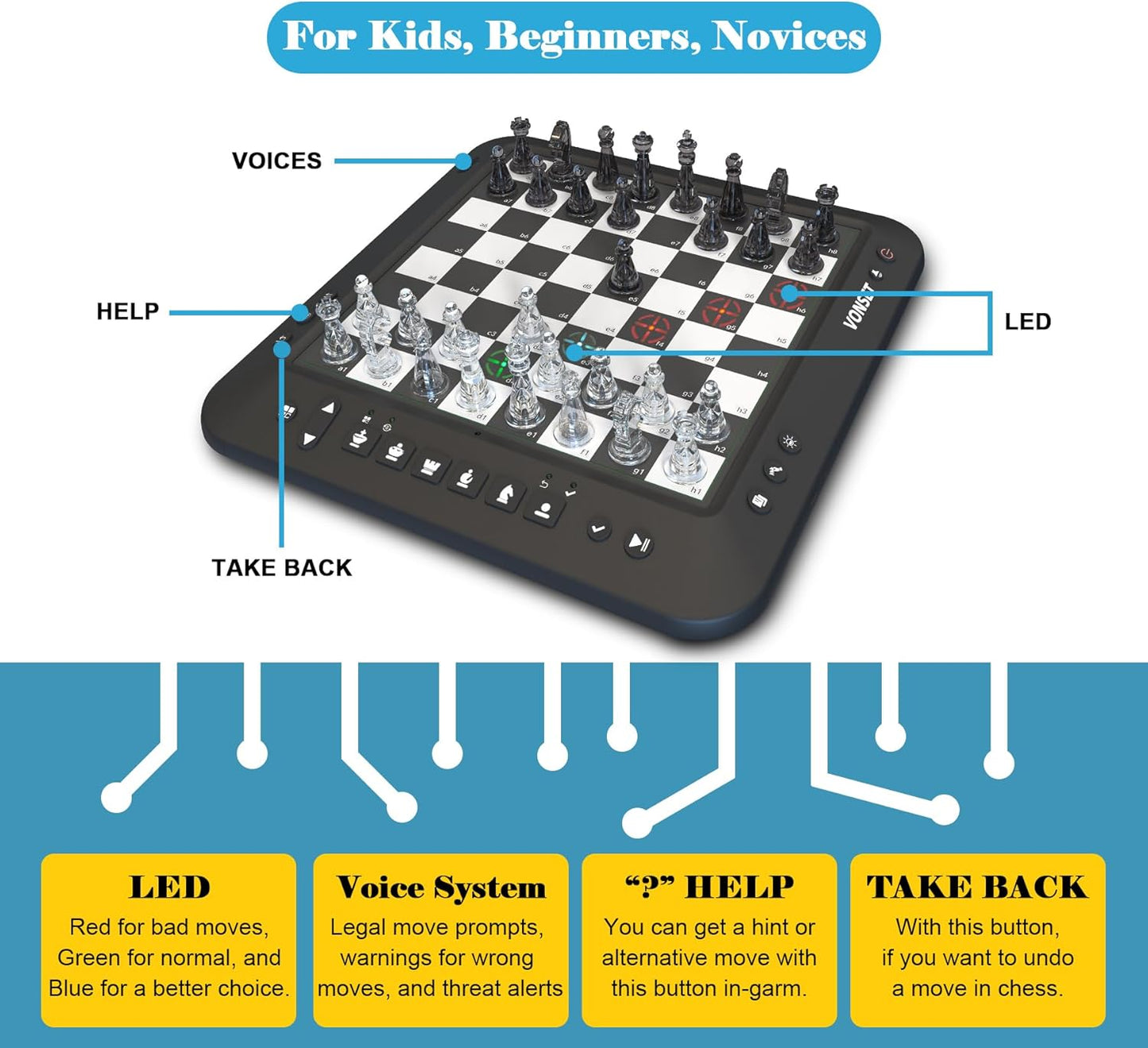 BNIB-Vonset P6 Computer Chess Game Talking Smart Chess Board Electronic Chess Set