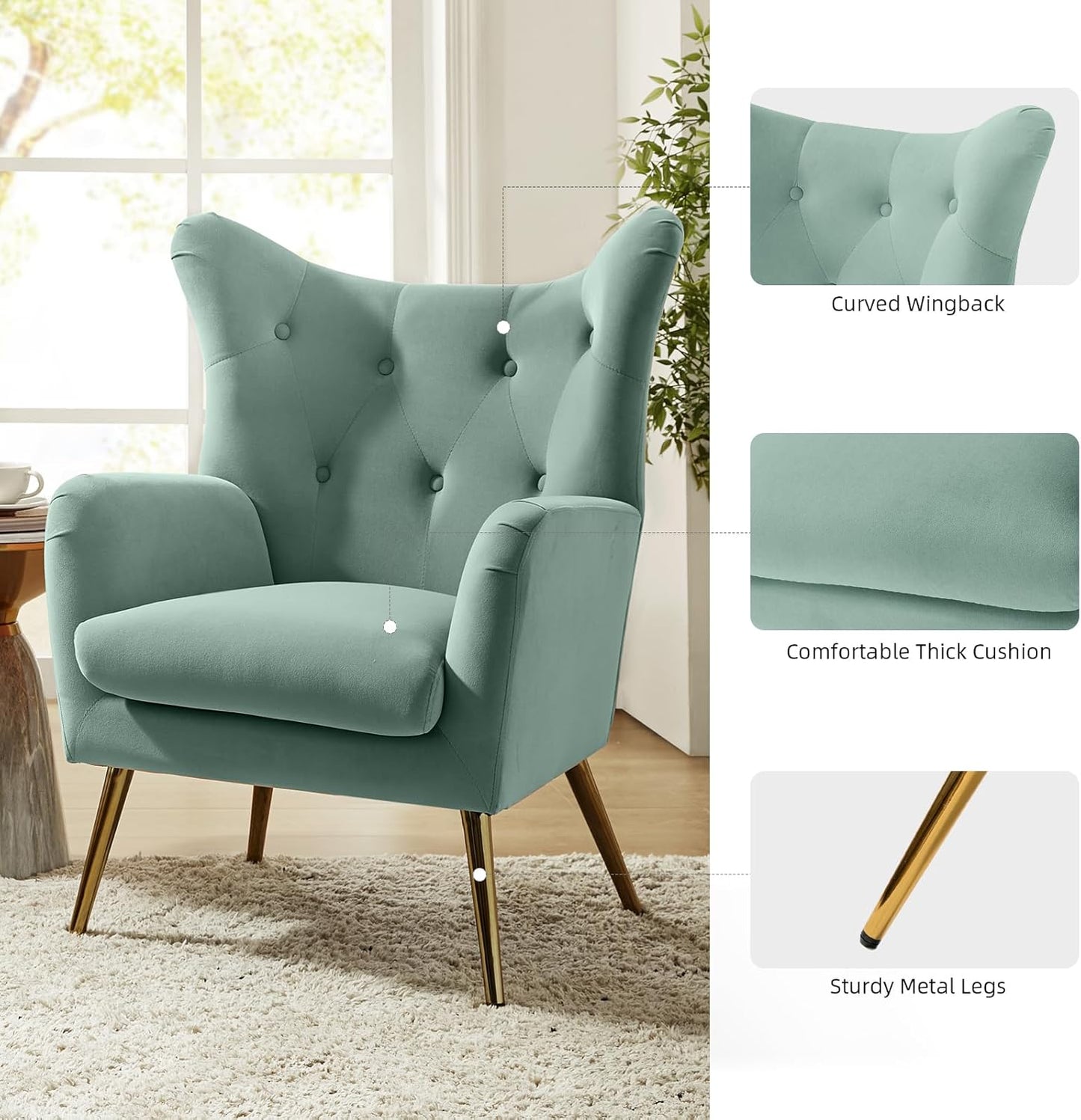 BNIB-HULALA Home Velvet Accent Chair, Modern Wingback Arm Chair with Metal Gold Legs, Velvet Tufted Upholstered