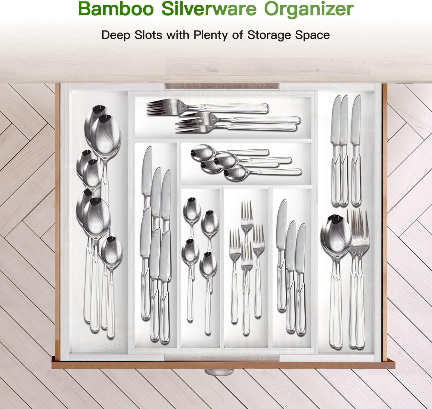 BNIB-Pipishell Bamboo Expandable Drawer Organizer for Utensils Holder, Adjustable Cutlery Tray,(White)-$20