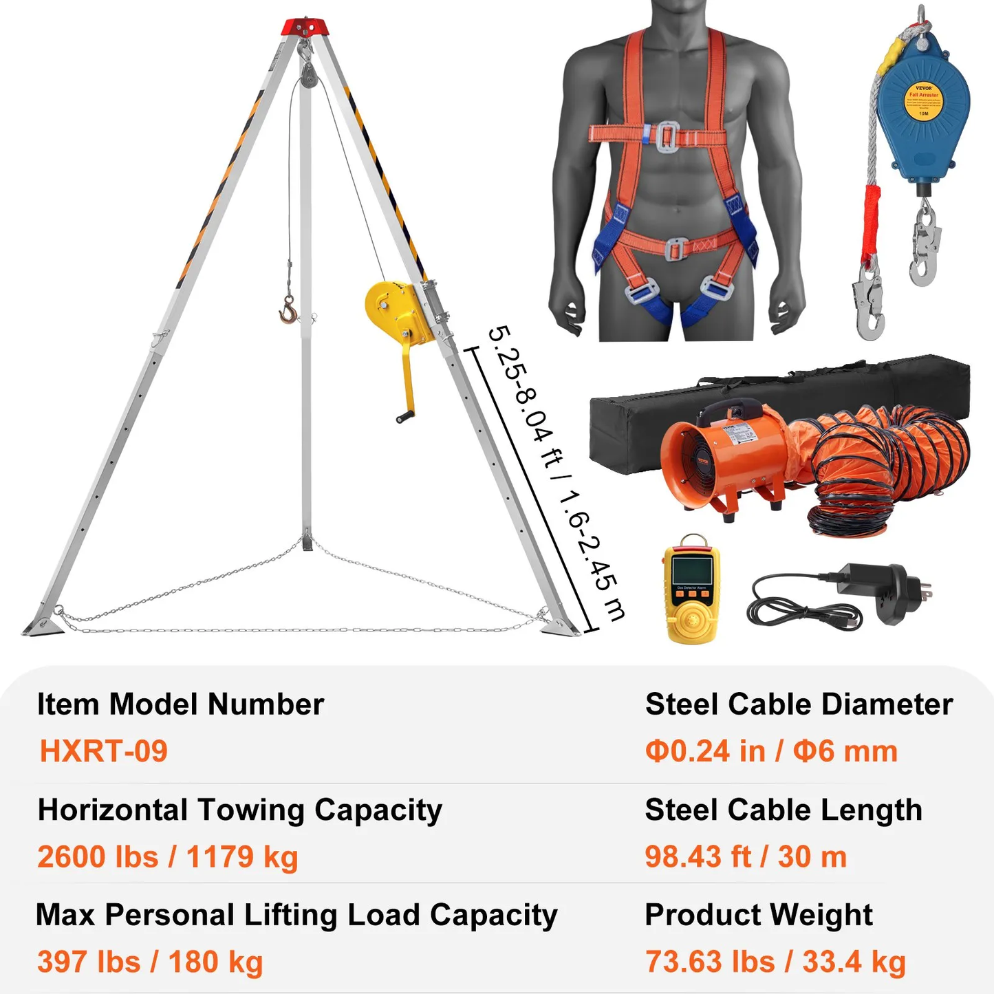 VEVOR Confined Space Tripod Kit, 2600 lbs Winch, Confined Space Tripod 8' Legs and 98' Cable,-$550