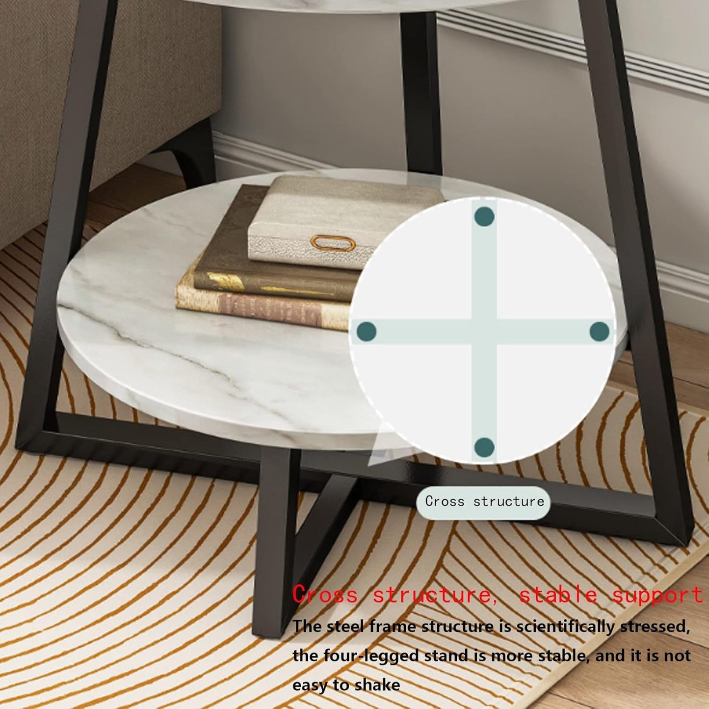 BNIB-Round 2-Tier Coffee Table/Side Table w/White Marble Pattern MDF Wood Top & Golden Metal Frame