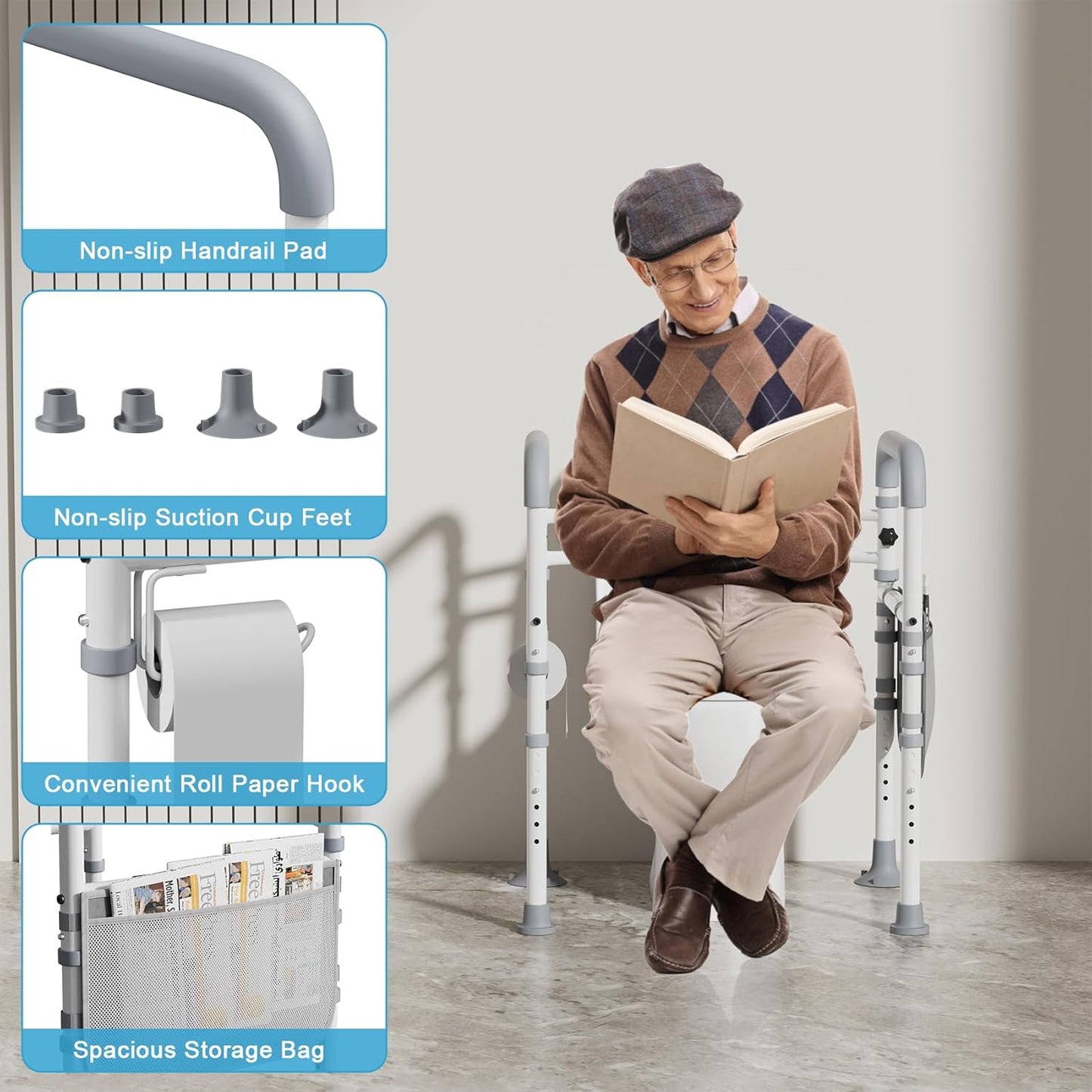 BNIB-Mr IRONSTONE Toilet Safety Rails, Adjustable Toilet Seat Riser,with Handles (300LB)