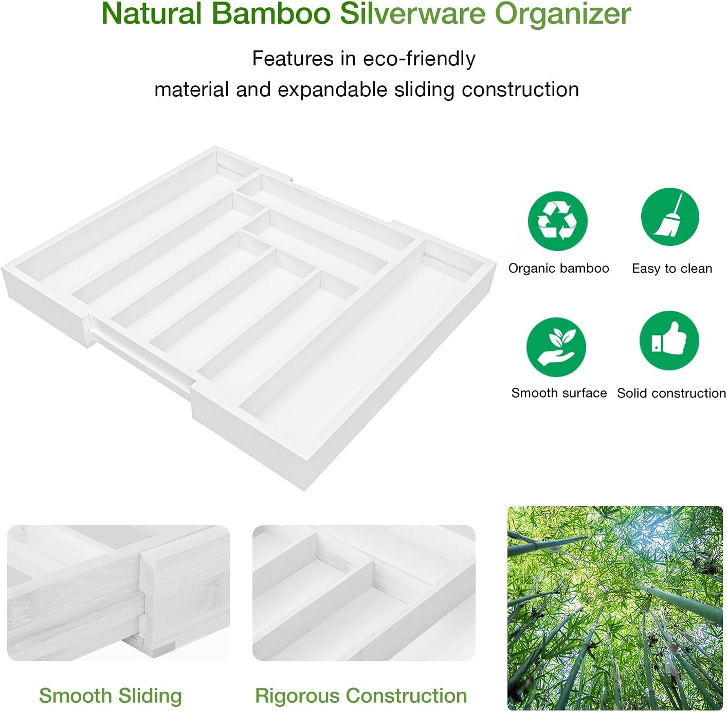 BNIB-Pipishell Bamboo Expandable Drawer Organizer for Utensils Holder, Adjustable Cutlery Tray,(White)-$20