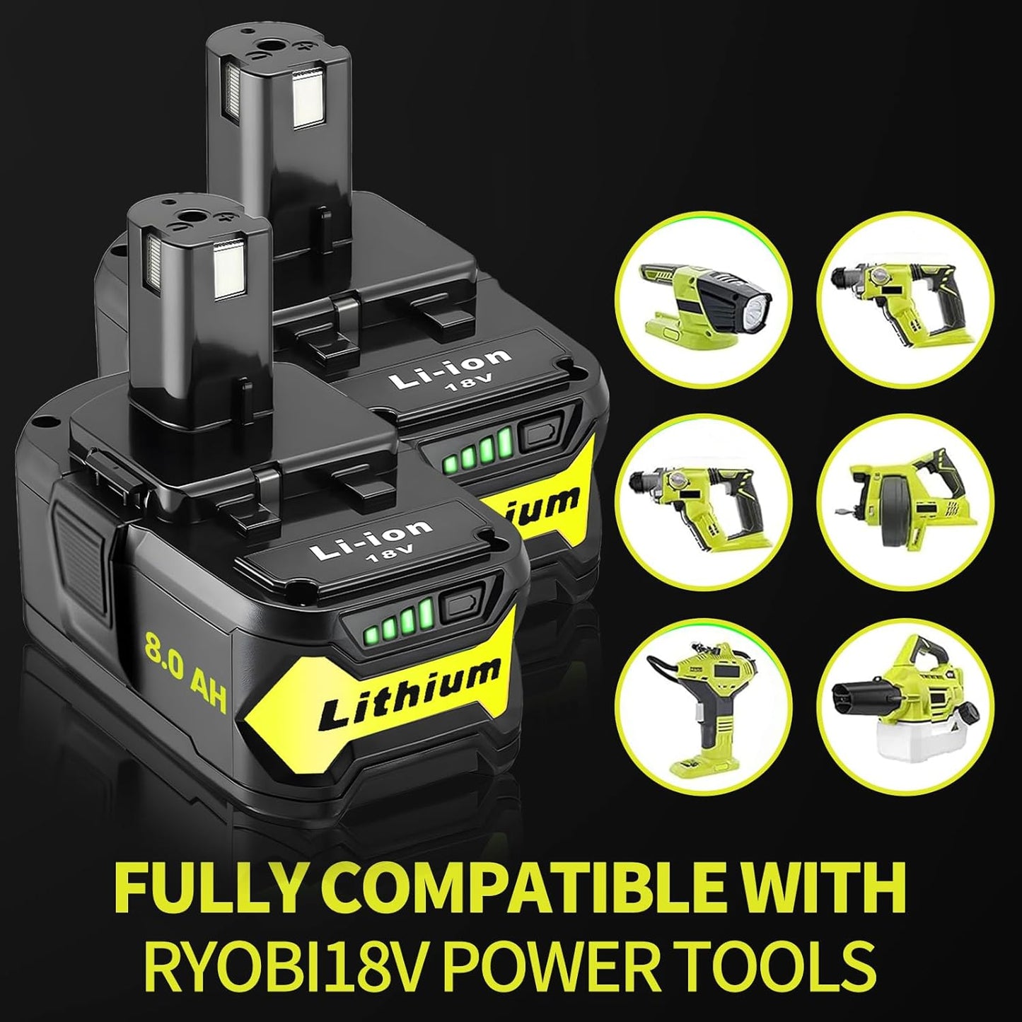 BNIB-2-Pack 18V 8.0Ah Lithium Battery Replacement for Ryobi 18V ONE+ P108 P104 P105 P102 P103 P109 P122,-$30