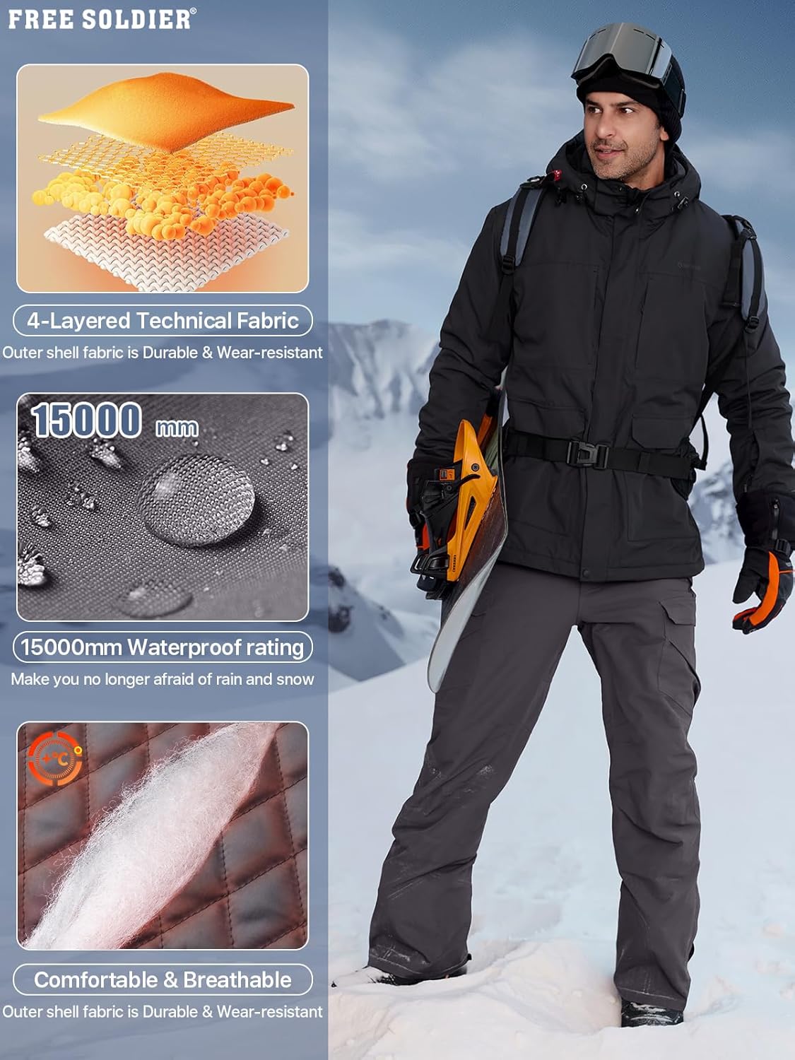 BNIB-FREE SOLDIER Men's Waterproof Snow Insulated Pants Winter Skiing Snowboarding Pants (‎Gray)