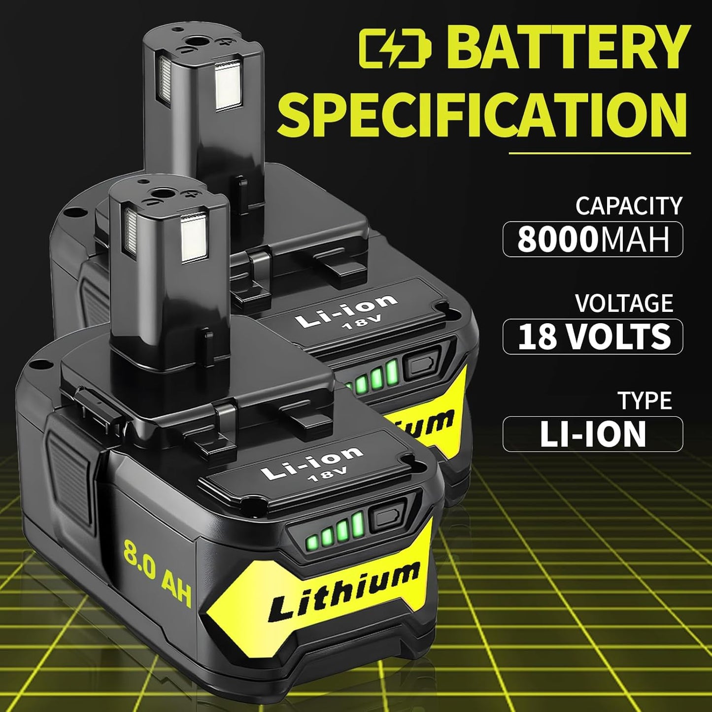 BNIB-2-Pack 18V 8.0Ah Lithium Battery Replacement for Ryobi 18V ONE+ P108 P104 P105 P102 P103 P109 P122,-$30