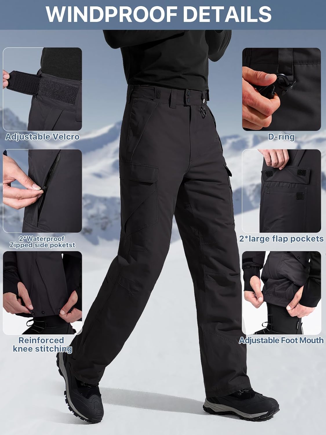 BNIB-FREE SOLDIER Men's Waterproof Snow Insulated Pants Winter Skiing Snowboarding Pants ,(black)