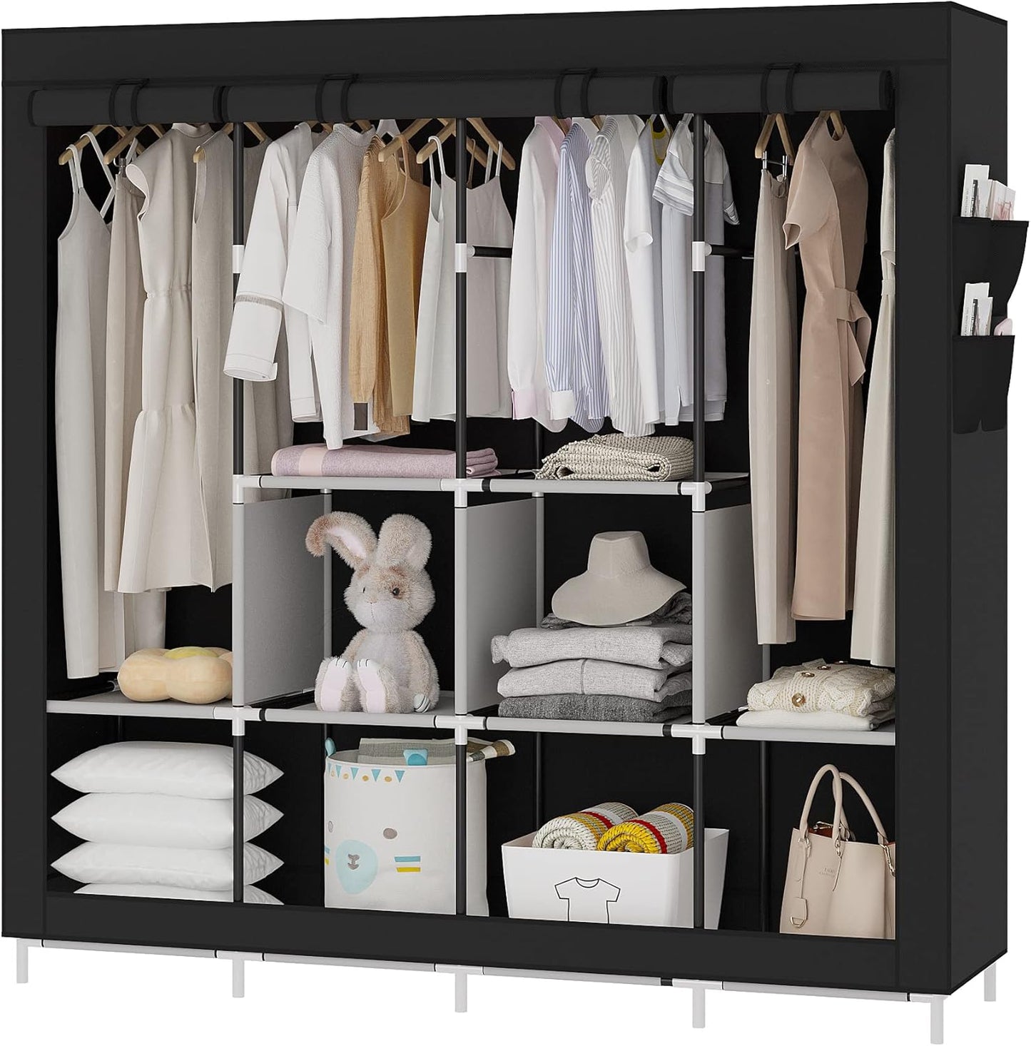 BNIB-Portable Closet Large Wardrobe Closet Clothes Organizer with 6 Storage +4 Hanging + 4 Side Pockets,Black