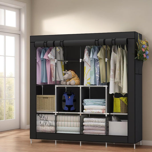 BNIB-Portable Closet Large Wardrobe Closet Clothes Organizer with 6 Storage +4 Hanging + 4 Side Pockets,Black