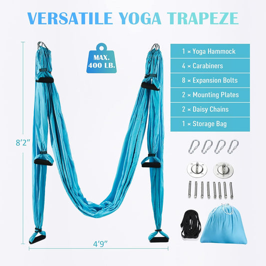 BNIB-Aerial Yoga Swing Sling Strong Yoga Hammock Kit Set with Ceiling Mounts & Daisy Chains (Blue Kit),-$50
