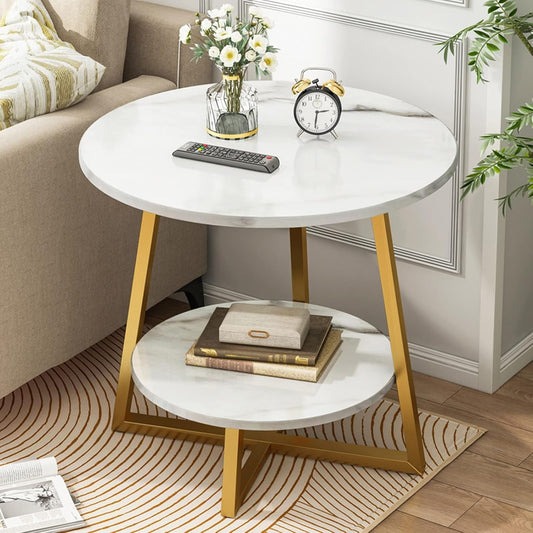 BNIB-Round 2-Tier Coffee Table/Side Table w/White Marble Pattern MDF Wood Top & Golden Metal Frame