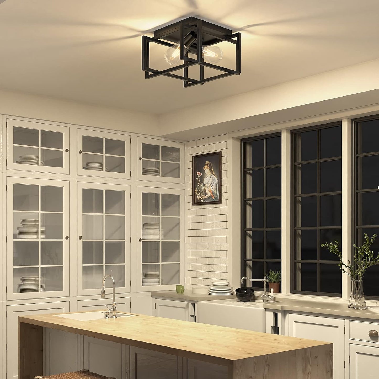 BNIB-Industrial 2-Lights Semi Flush Ceiling Light Farmhouse Ceiling Light Fixture Square Vintage Mount Ceiling Lights