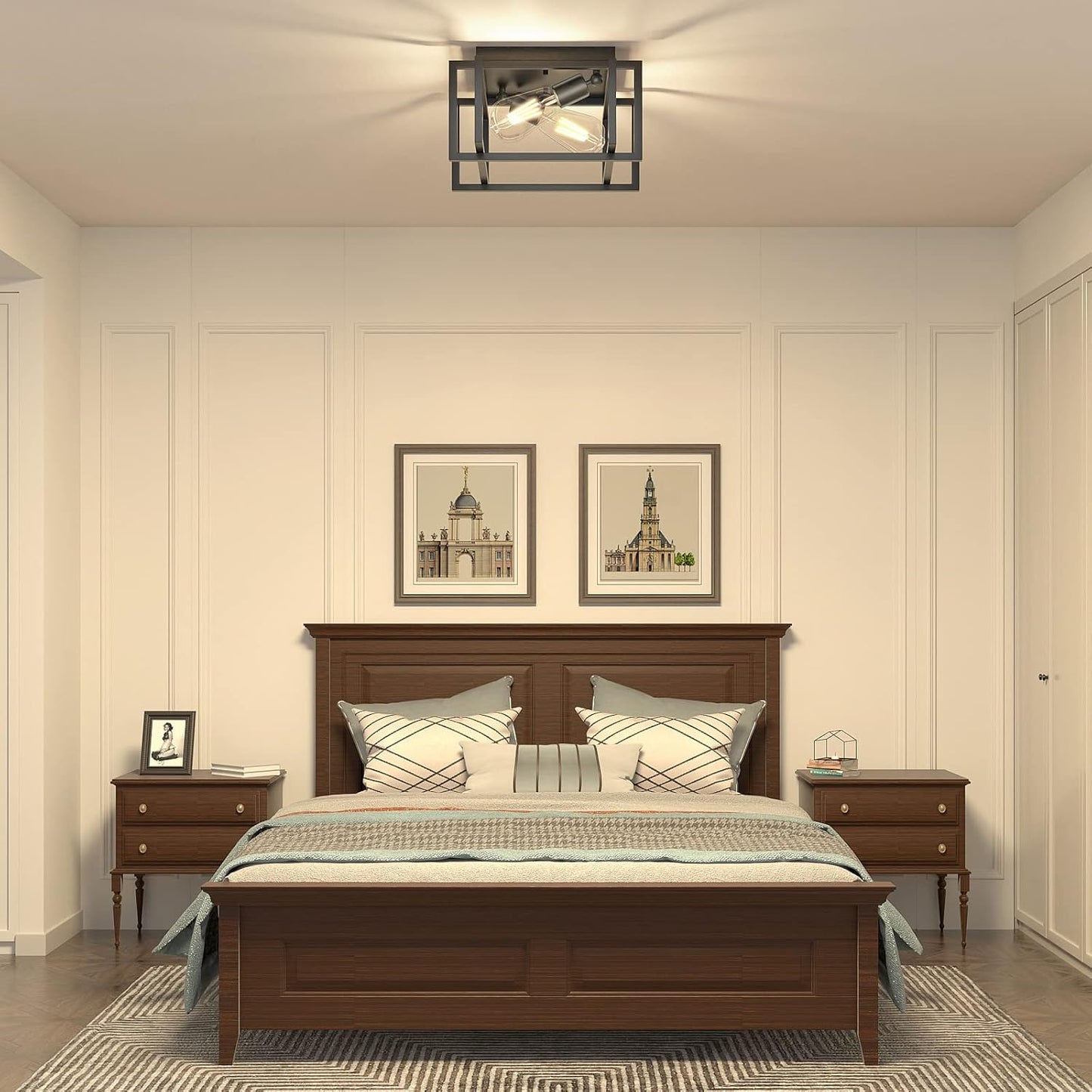 BNIB-Industrial 2-Lights Semi Flush Ceiling Light Farmhouse Ceiling Light Fixture Square Vintage Mount Ceiling Lights